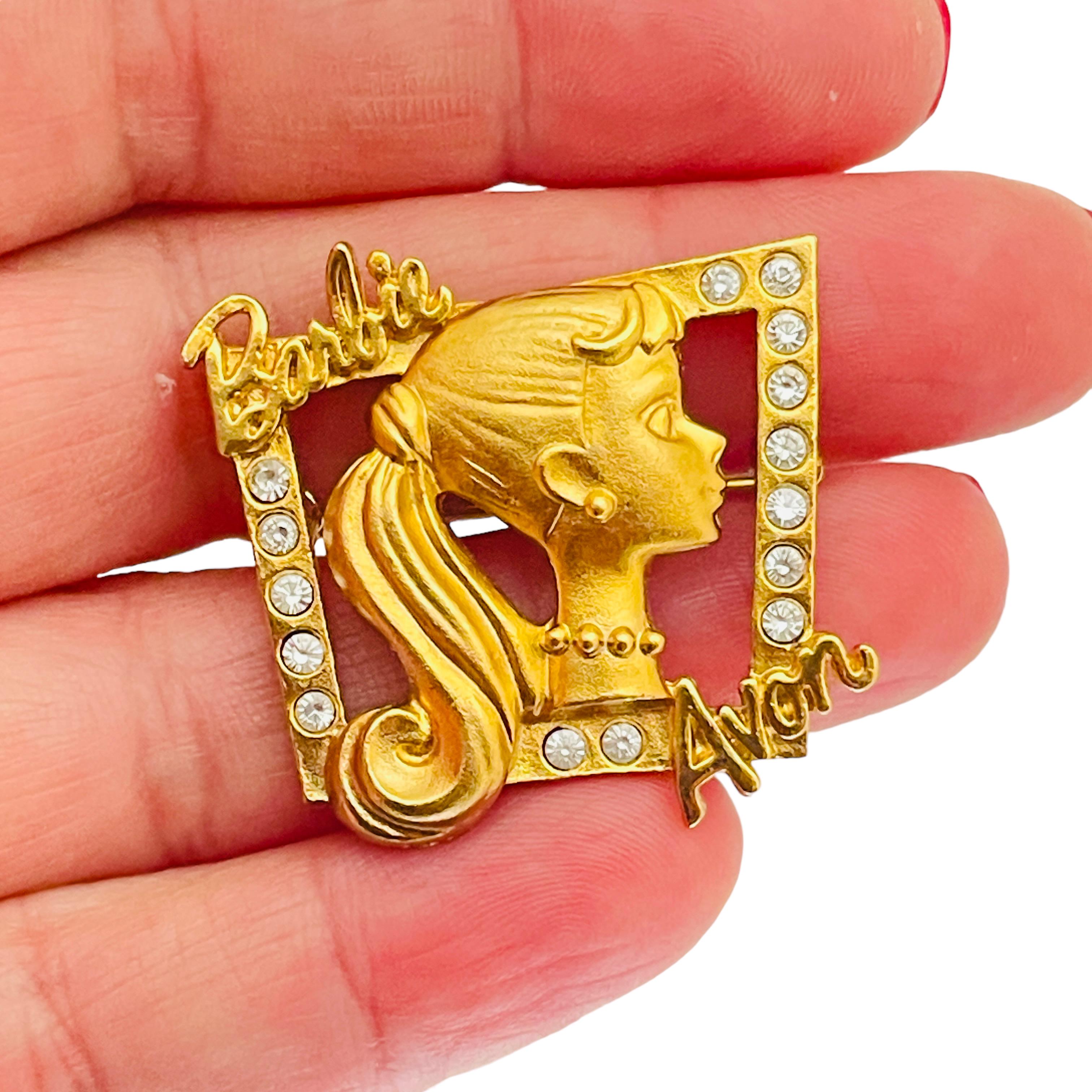 Women's or Men's Vintage AVON Barbie gold crystal designer brooch  For Sale