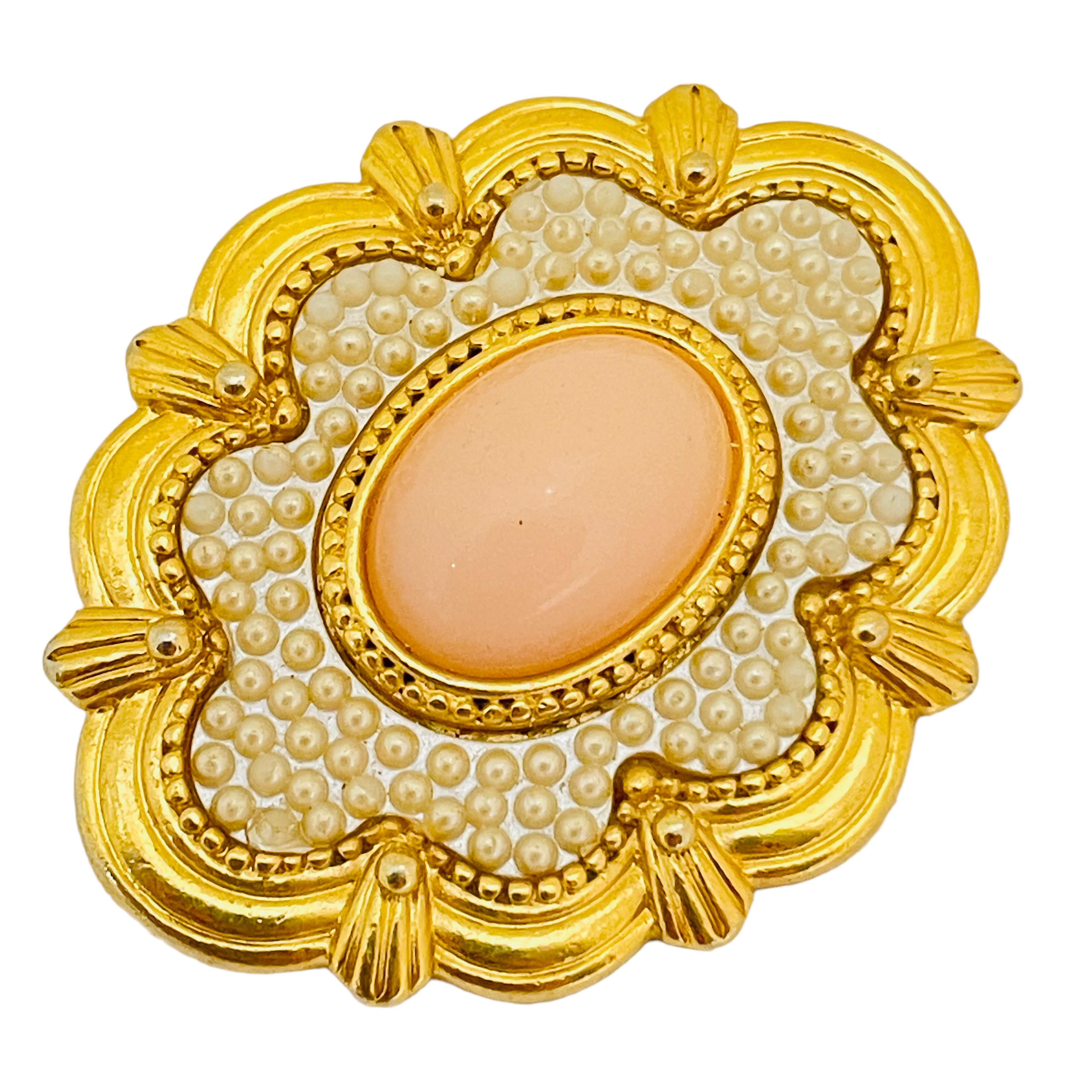 Women's or Men's Vintage AVON gold faux coral pearl designer brooch For Sale
