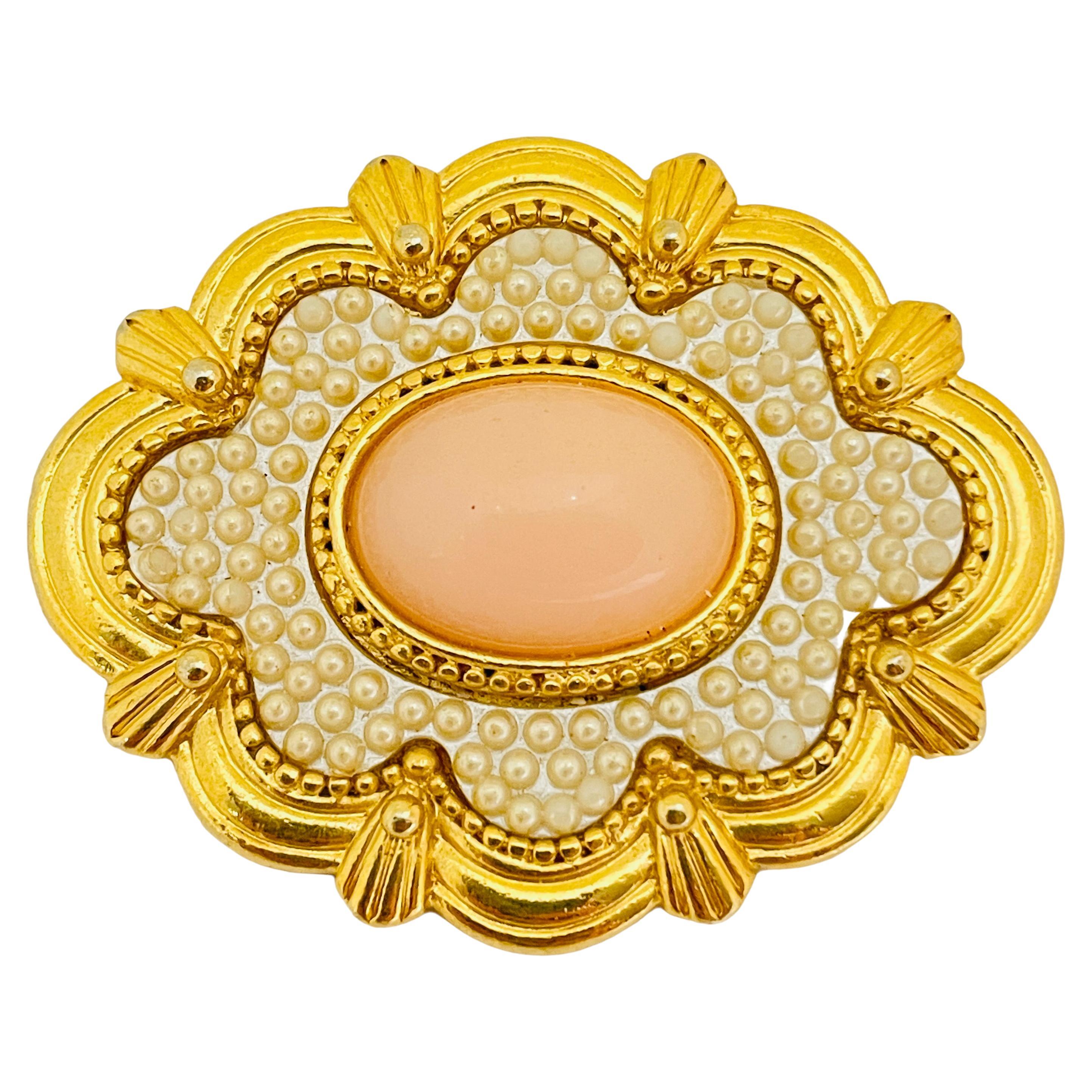 Vintage AVON gold faux coral pearl designer brooch For Sale