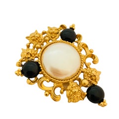 Vintage AVON gold lions head pearl black designer runway brooch