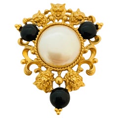 Vintage AVON gold lions head pearl black designer runway brooch