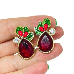 Vintage AVON gold tone Christmas enamel rhinestone designer clip on earrings