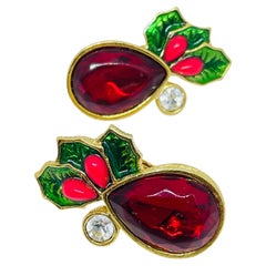 Vintage AVON gold tone Christmas enamel rhinestone designer clip on earrings