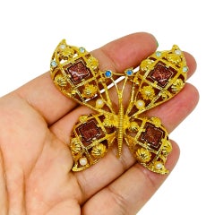 Spilla vintage AVON smalto oro perle strass farfalla designer