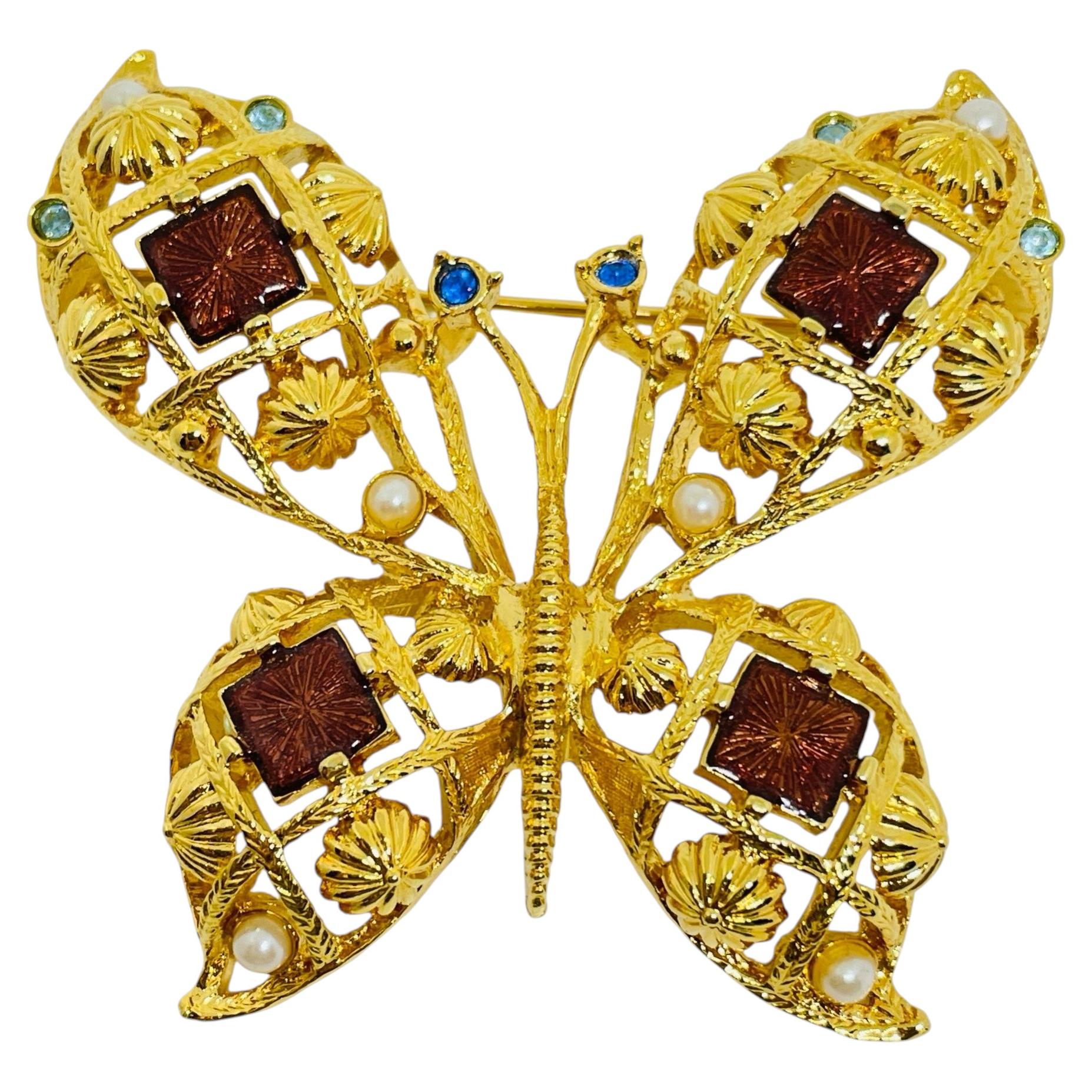 Broche vintage de diseño AVON en tono dorado con esmalte de strass perlas mariposa