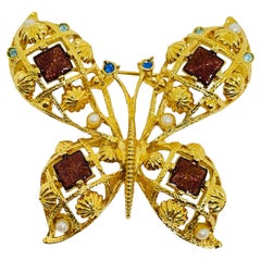 Spilla vintage AVON smalto oro perle strass farfalla designer