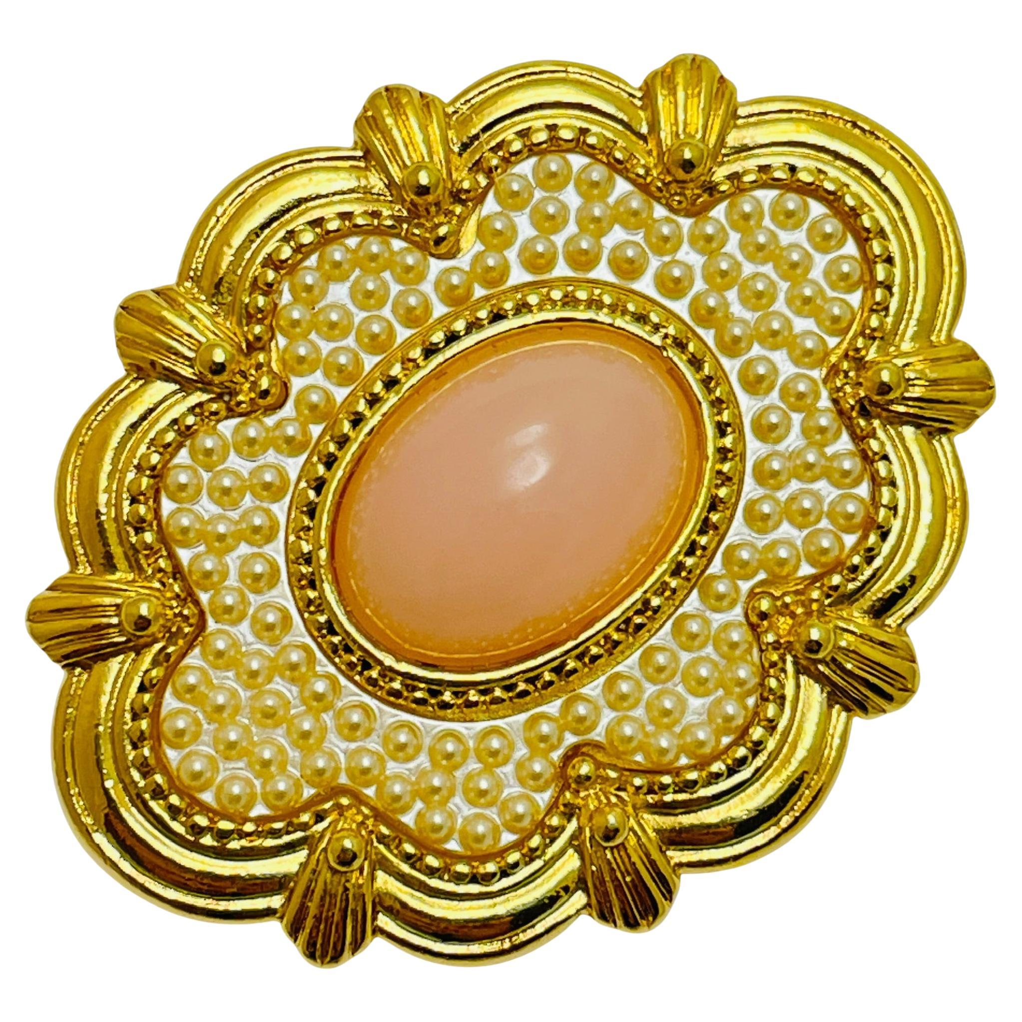 Vintage AVON gold tone faux coral pearl designer brooch For Sale