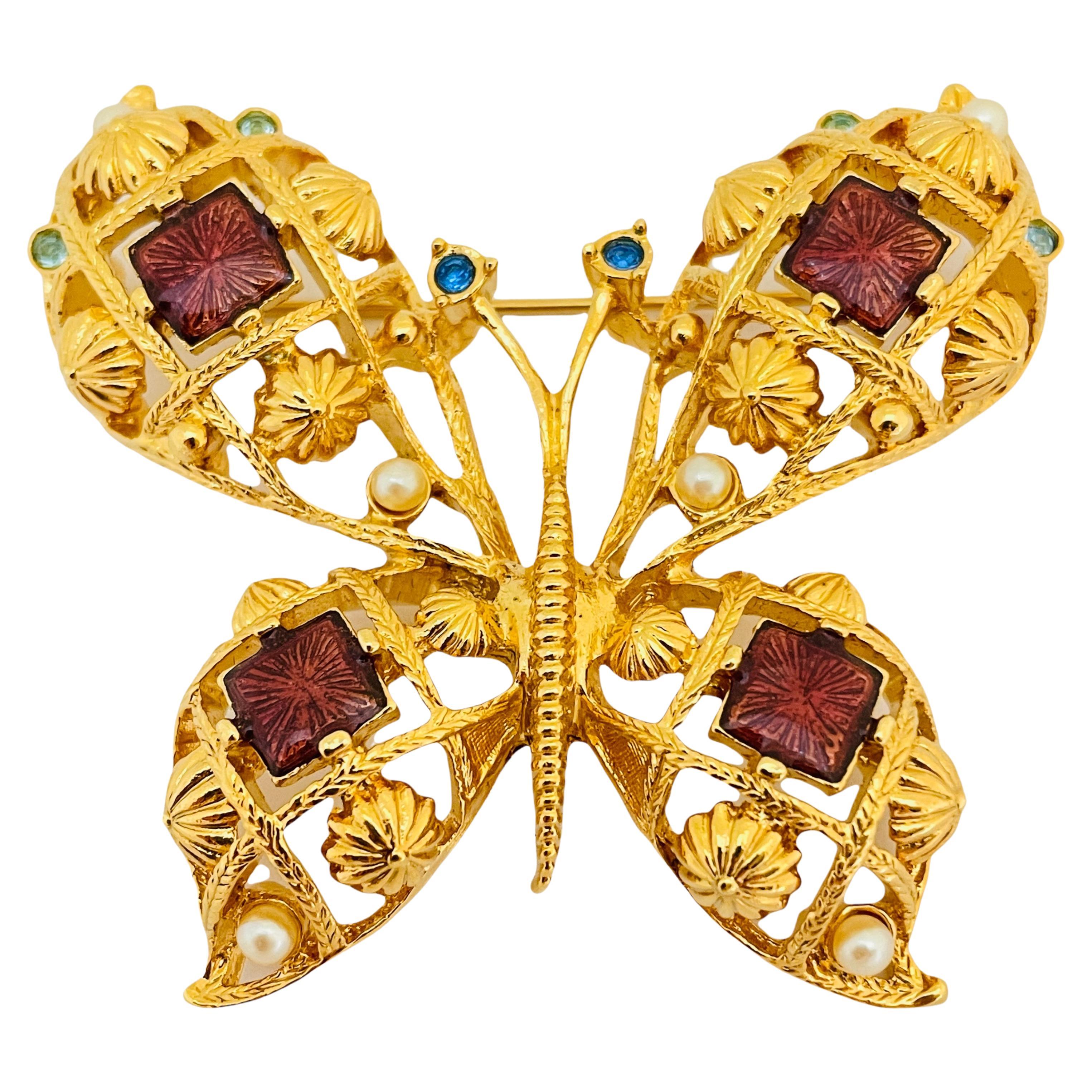Vintage AVON huge butterfly gold enamel pearl rhinestone designer runway brooch For Sale