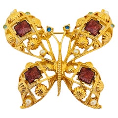 Vintage AVON huge butterfly gold enamel pearl rhinestone designer runway brooch