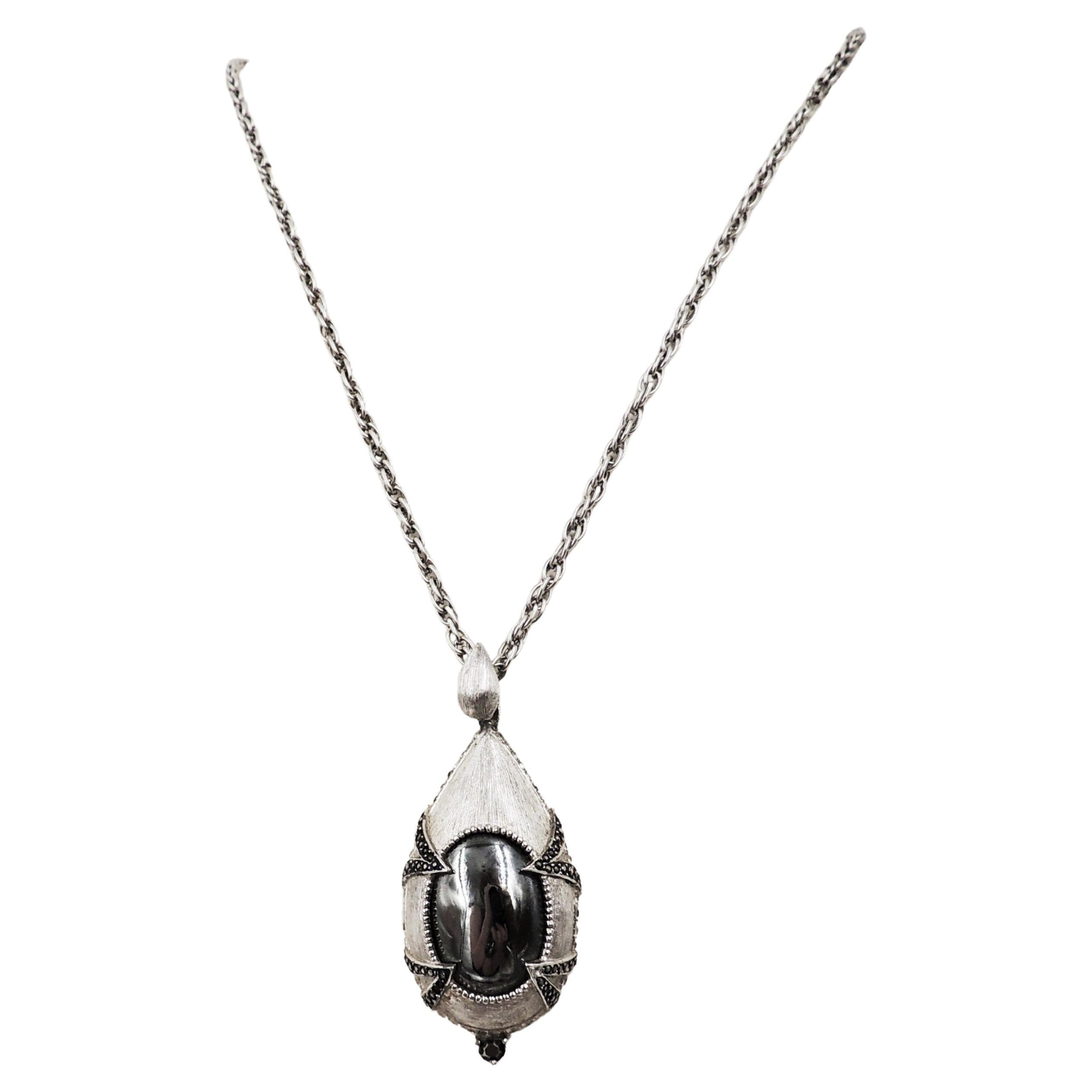 Vintage Avon of Belleville Rhodium Plated Faux-Hematite Pendant Necklace For Sale