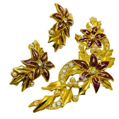 Vintage AVON signed gold enamel designer flower earrings brooch set