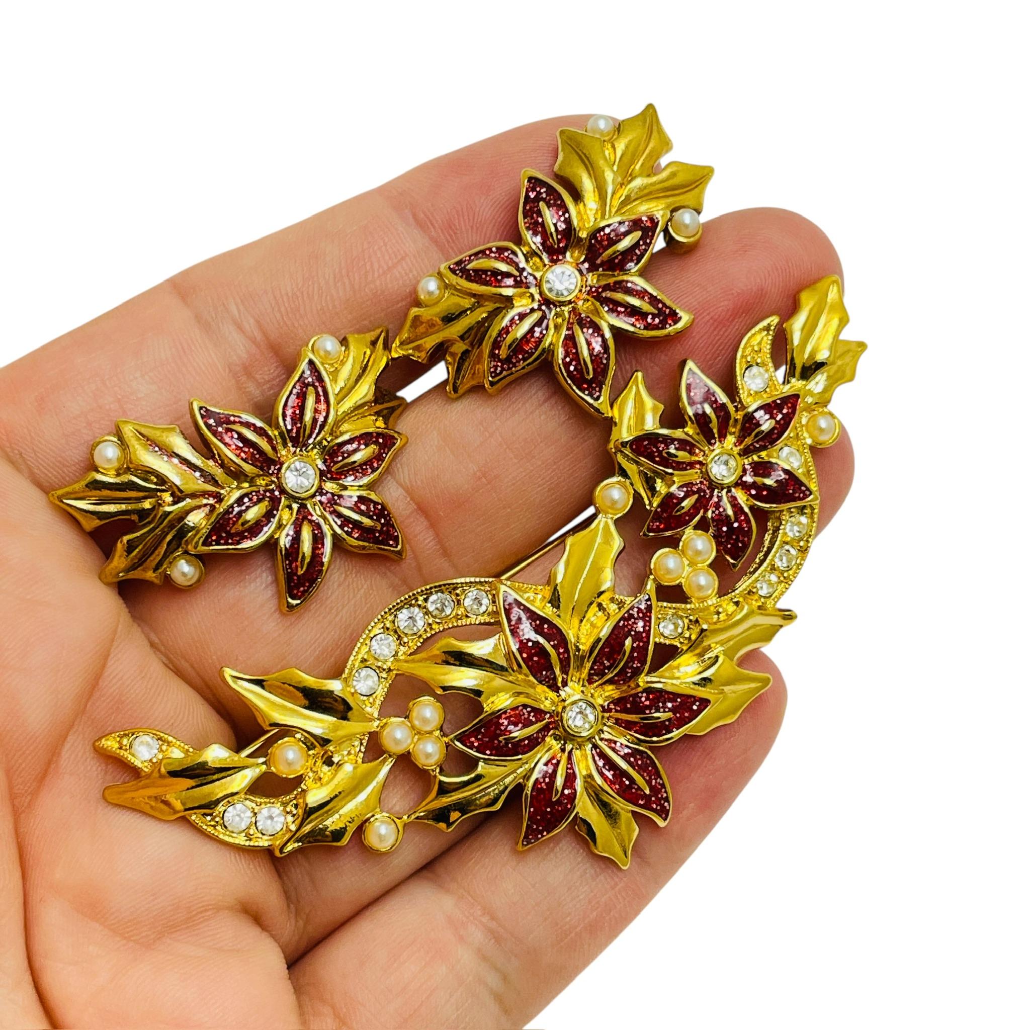 Women's Vintage AVON signed gold enamel designer flower earrings brooch set For Sale
