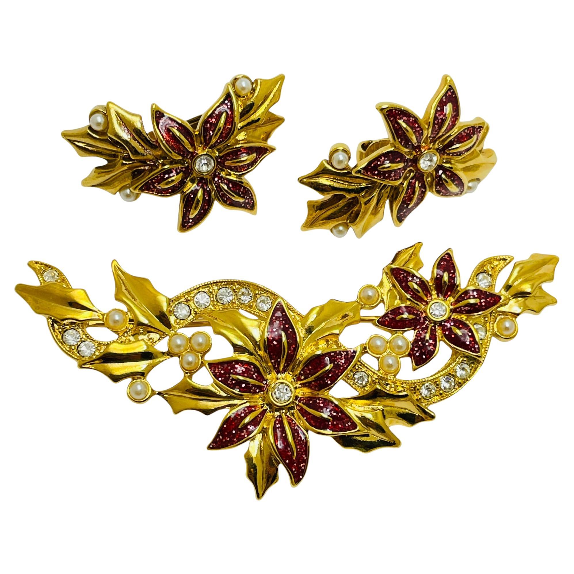 Vintage AVON signed gold enamel designer flower earrings brooch set For Sale