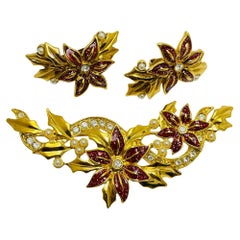 Vintage AVON signierte Gold Emaille Designer Blumen-Ohrringe Brosche Set