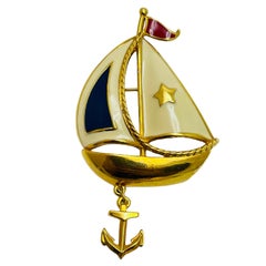 Vintage AVON signed gold tone enamel nautical boat designer brooch