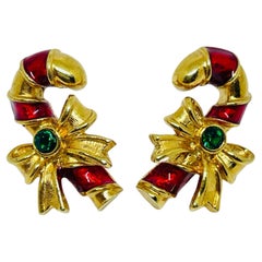 Vintage AVON signed gold tone enamel rhinestone Christmas designer earrings