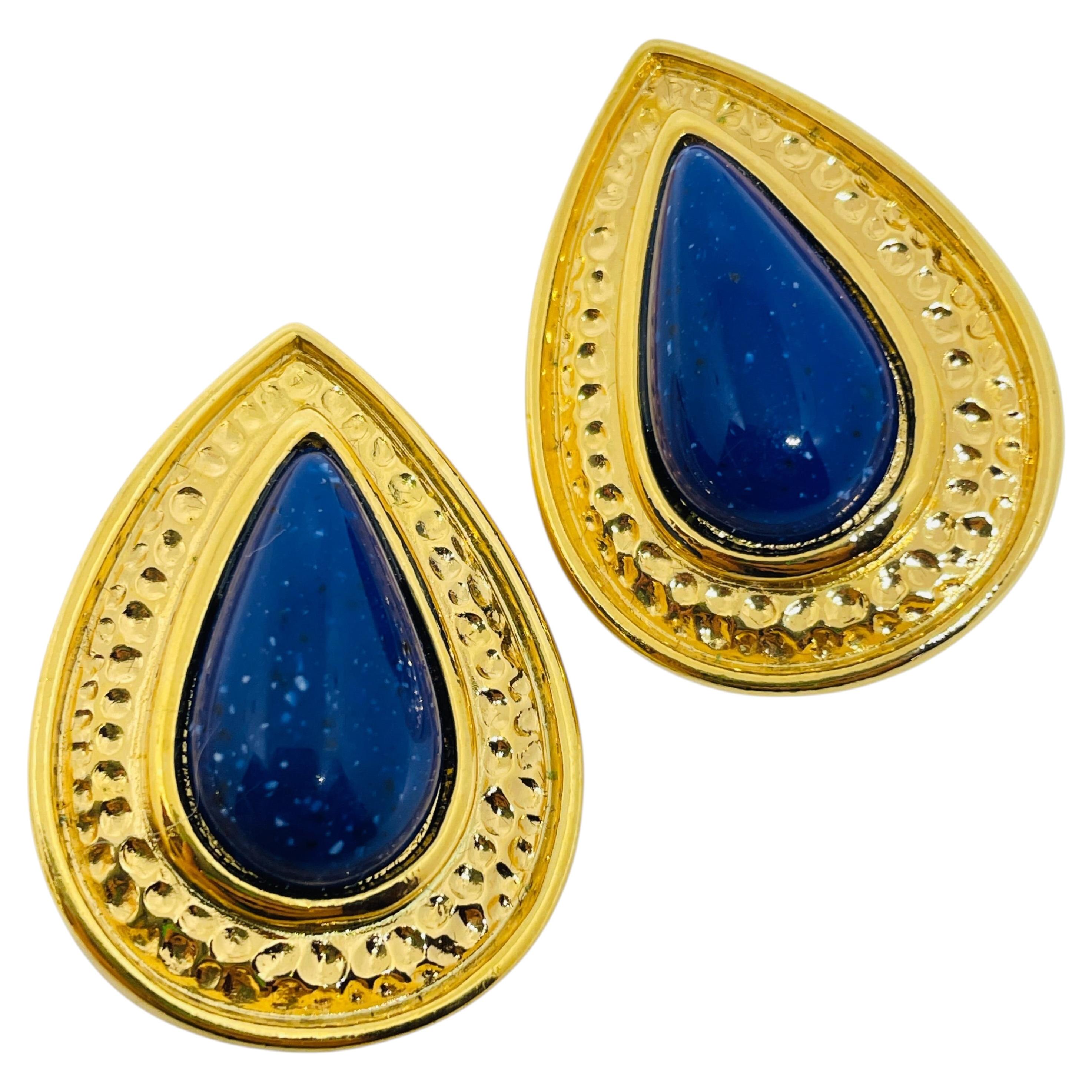 Vintage AVON signiert Goldton faux Lapis Designer Clip auf Ohrringe
