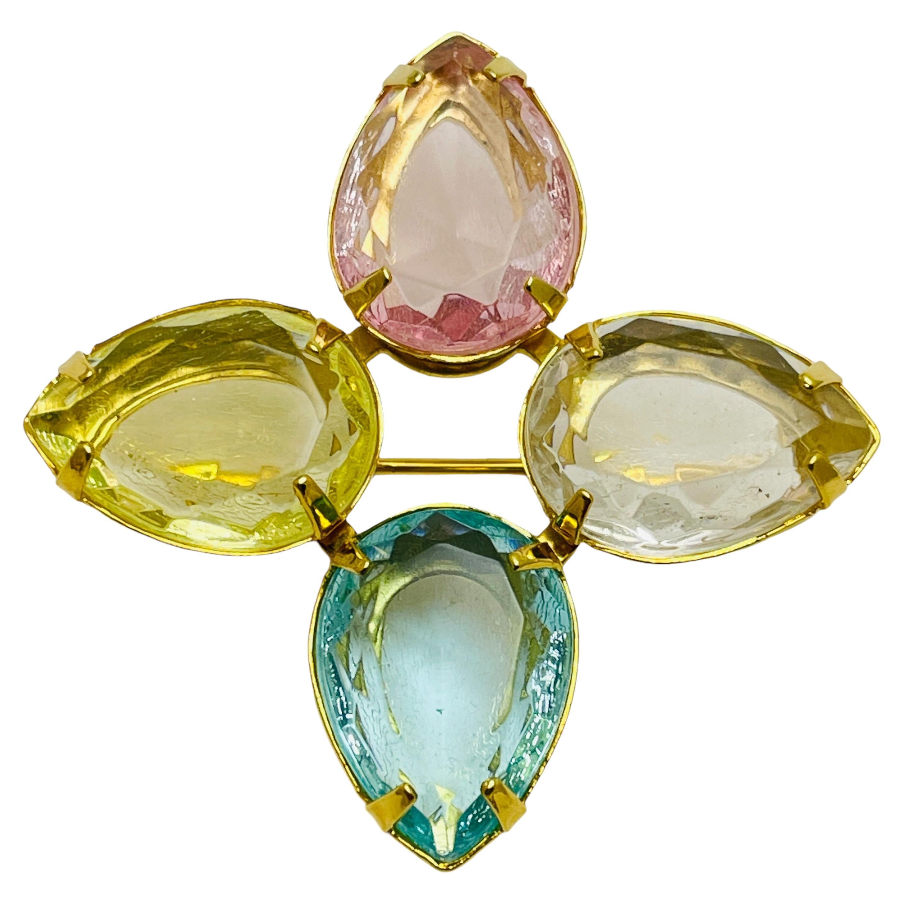 Vintage AVON signed gold tone glass designer brooch For Sale