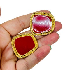 Vintage AVON signiert Goldton rot Emaille Designer Clip auf Ohrringe