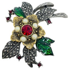 Vintage AVON signiert Silber Gold Ton Perlen Strass Blume Designer Brosche