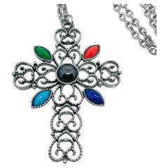 Vintage AVON signed silver tone chain cross pendant designer necklace