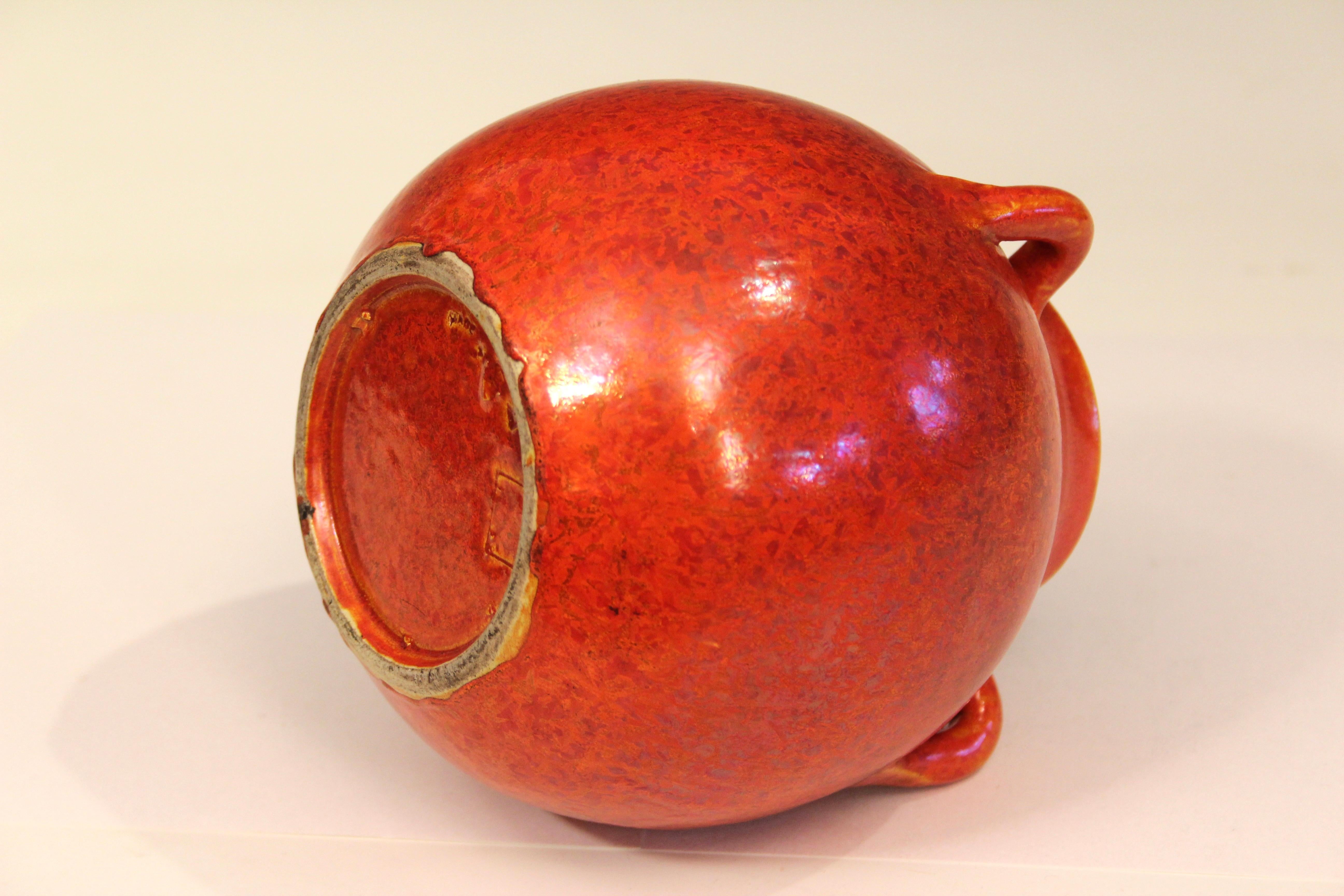 Tourné Awaji Pottery Art Déco Atomic Chrome Orange Red Vase en vente