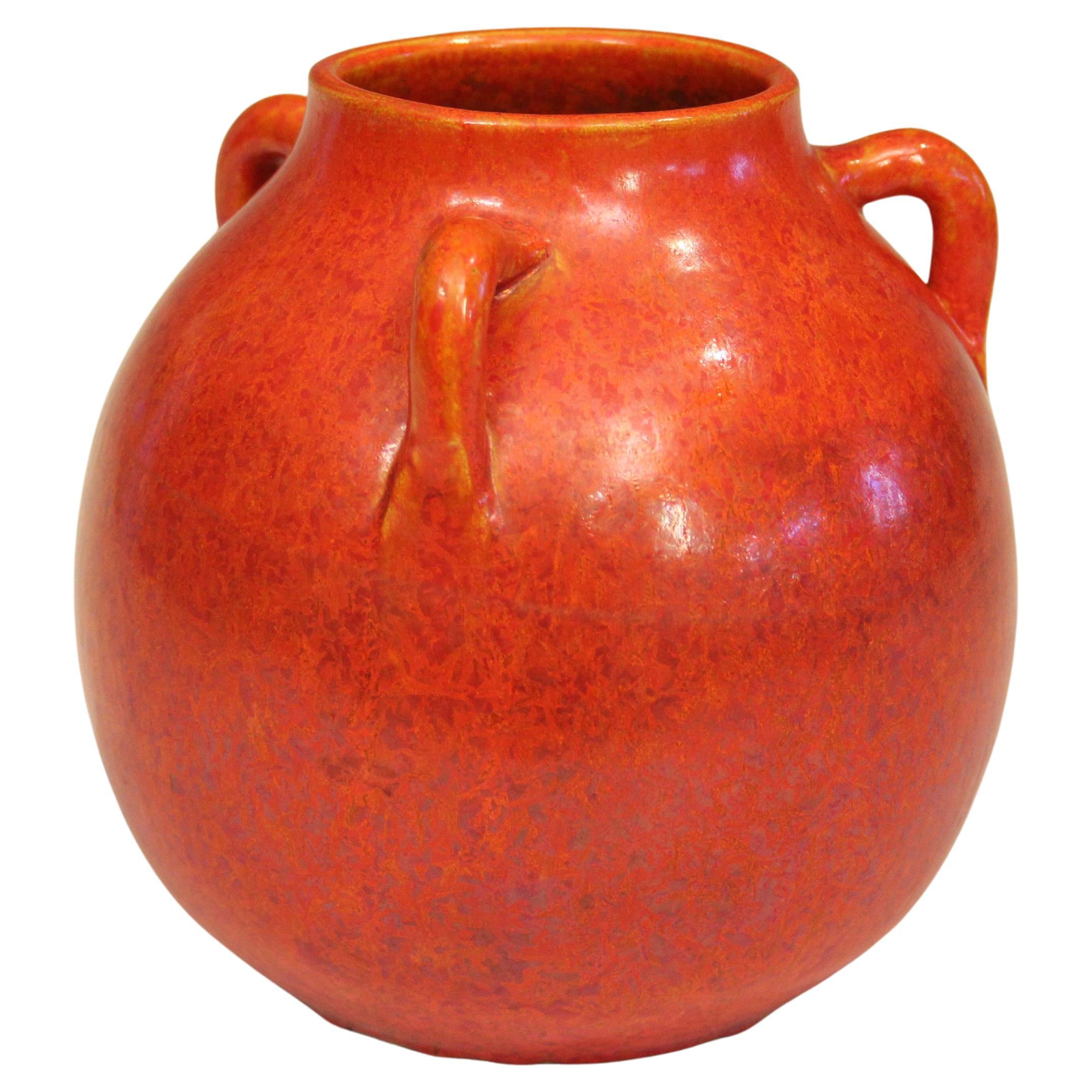 Vintage Awaji Pottery Art Deco Atomic Chrome Orange Red Vase