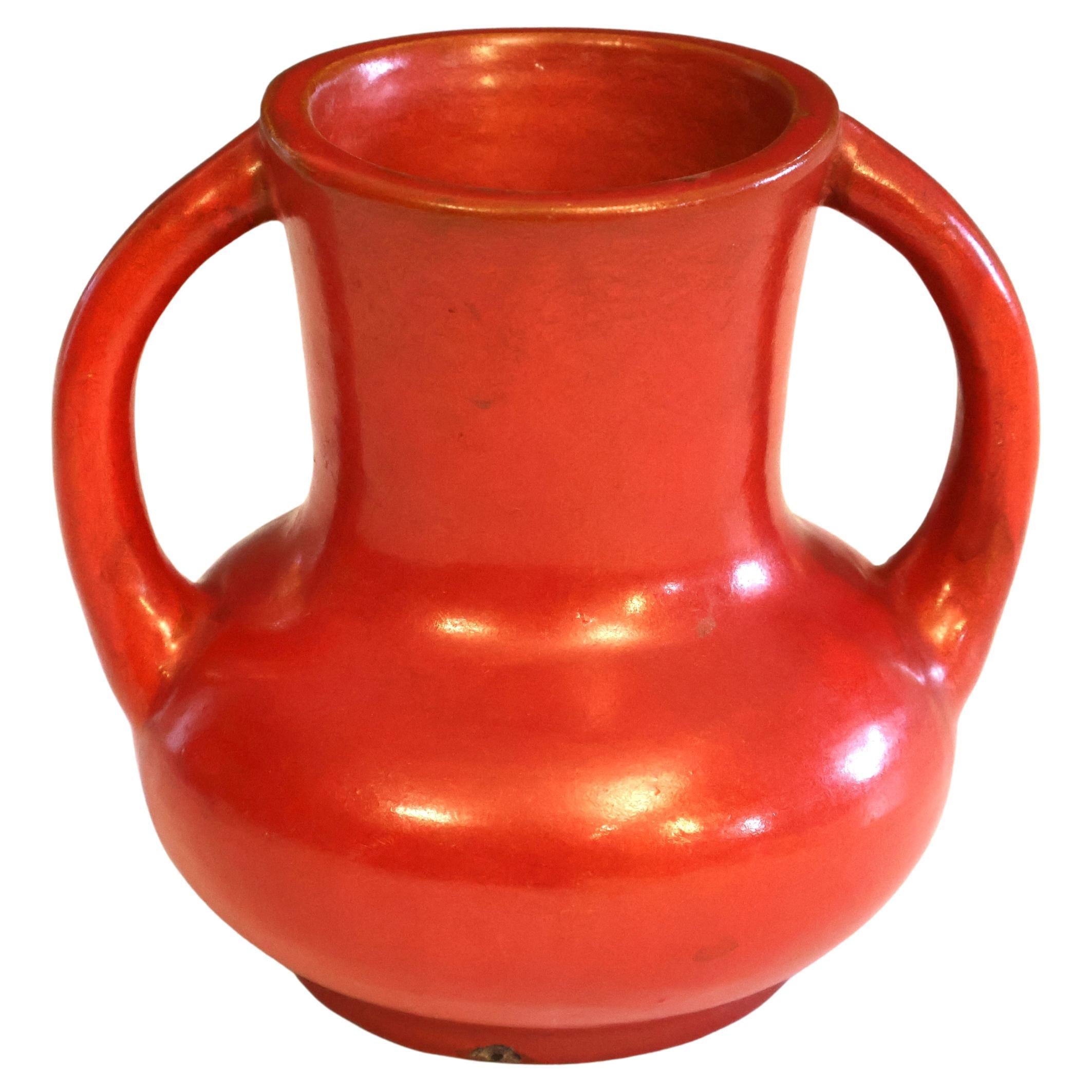 Vintage Awaji Pottery Art Deco Atomic Chrome Orange Red Vase