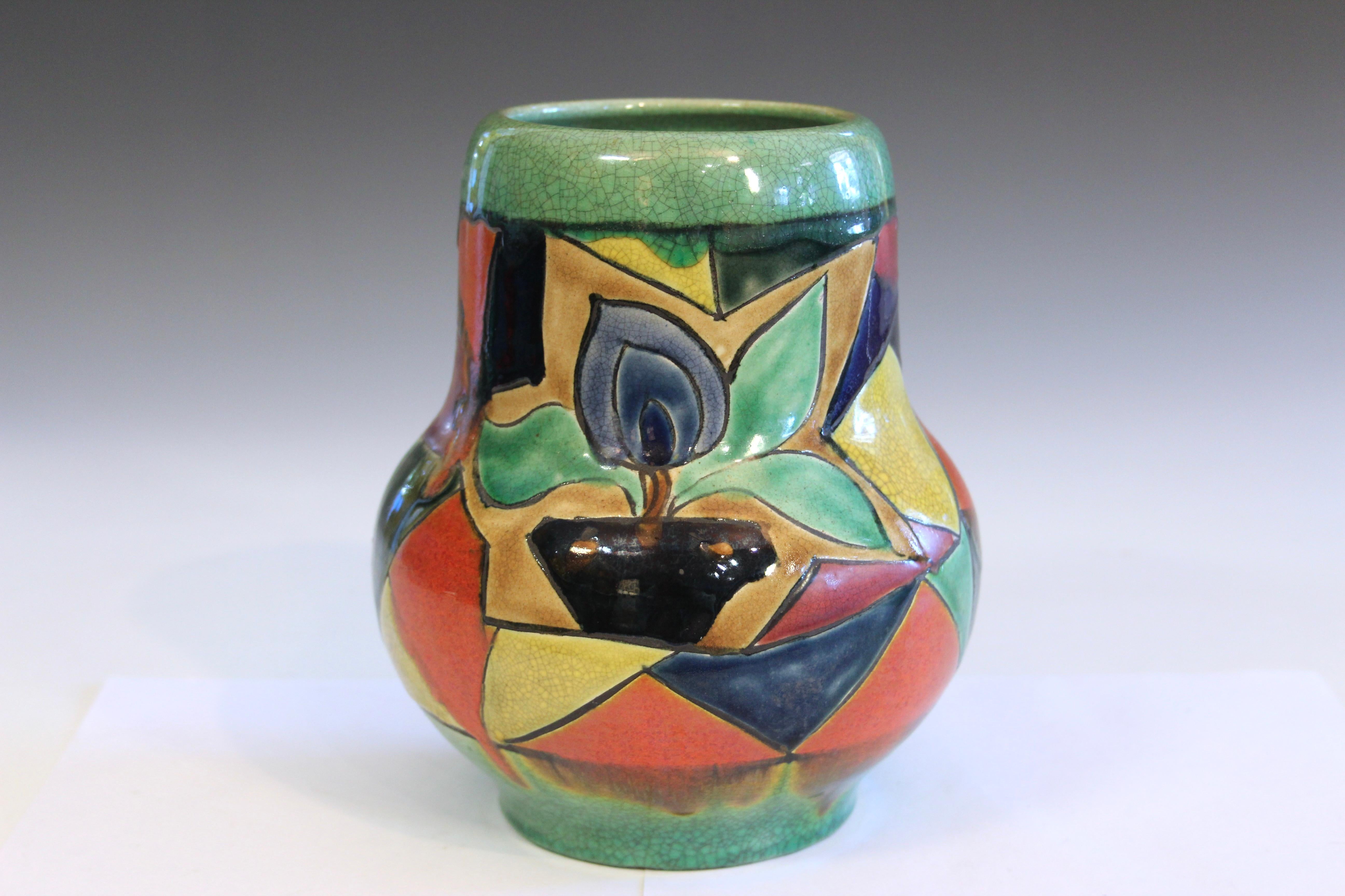 Moderno Vaso d'epoca Awaji Pottery Cubista Modernista Policromatico Firmato in vendita