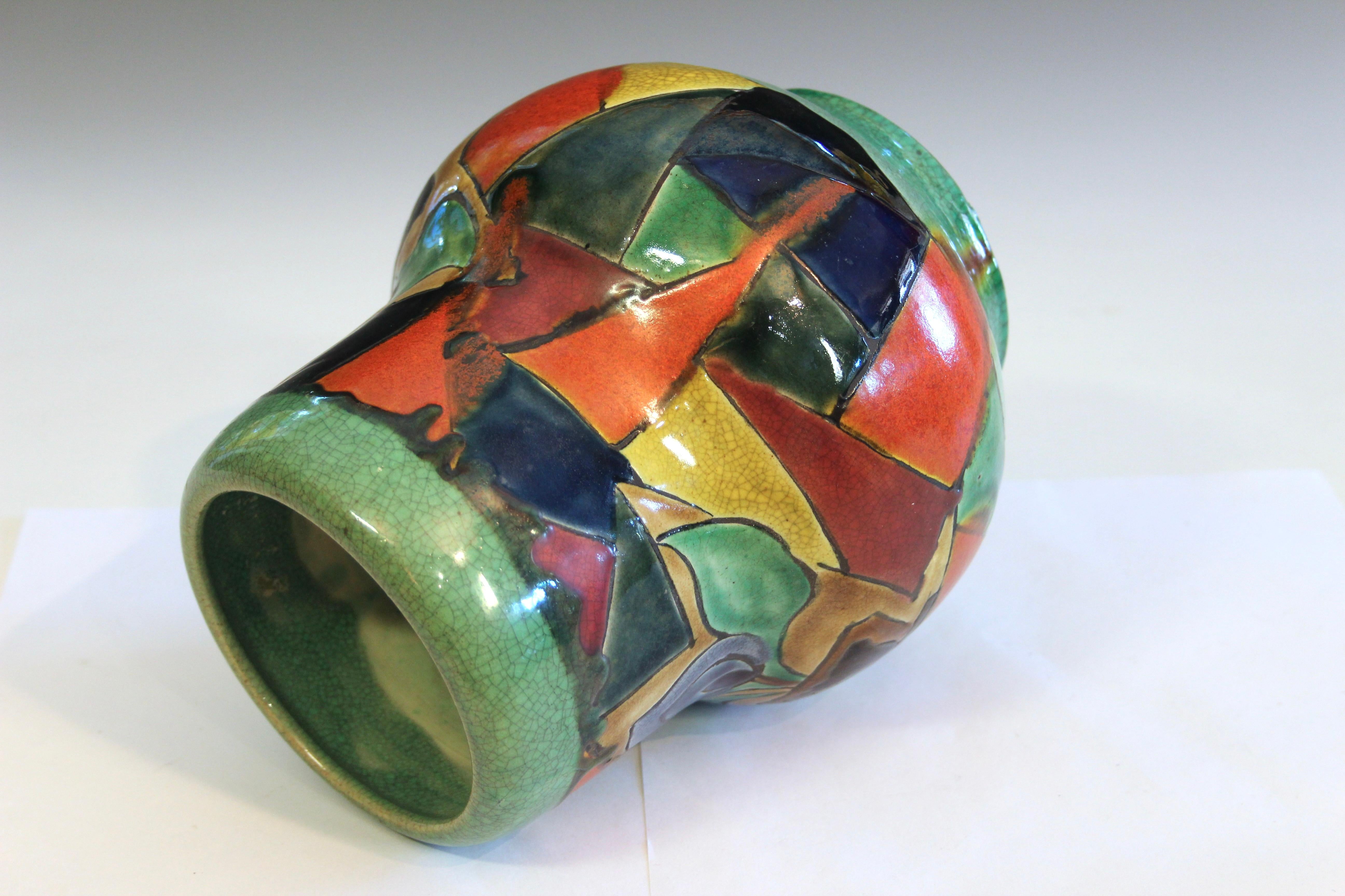 Giapponese Vaso d'epoca Awaji Pottery Cubista Modernista Policromatico Firmato in vendita