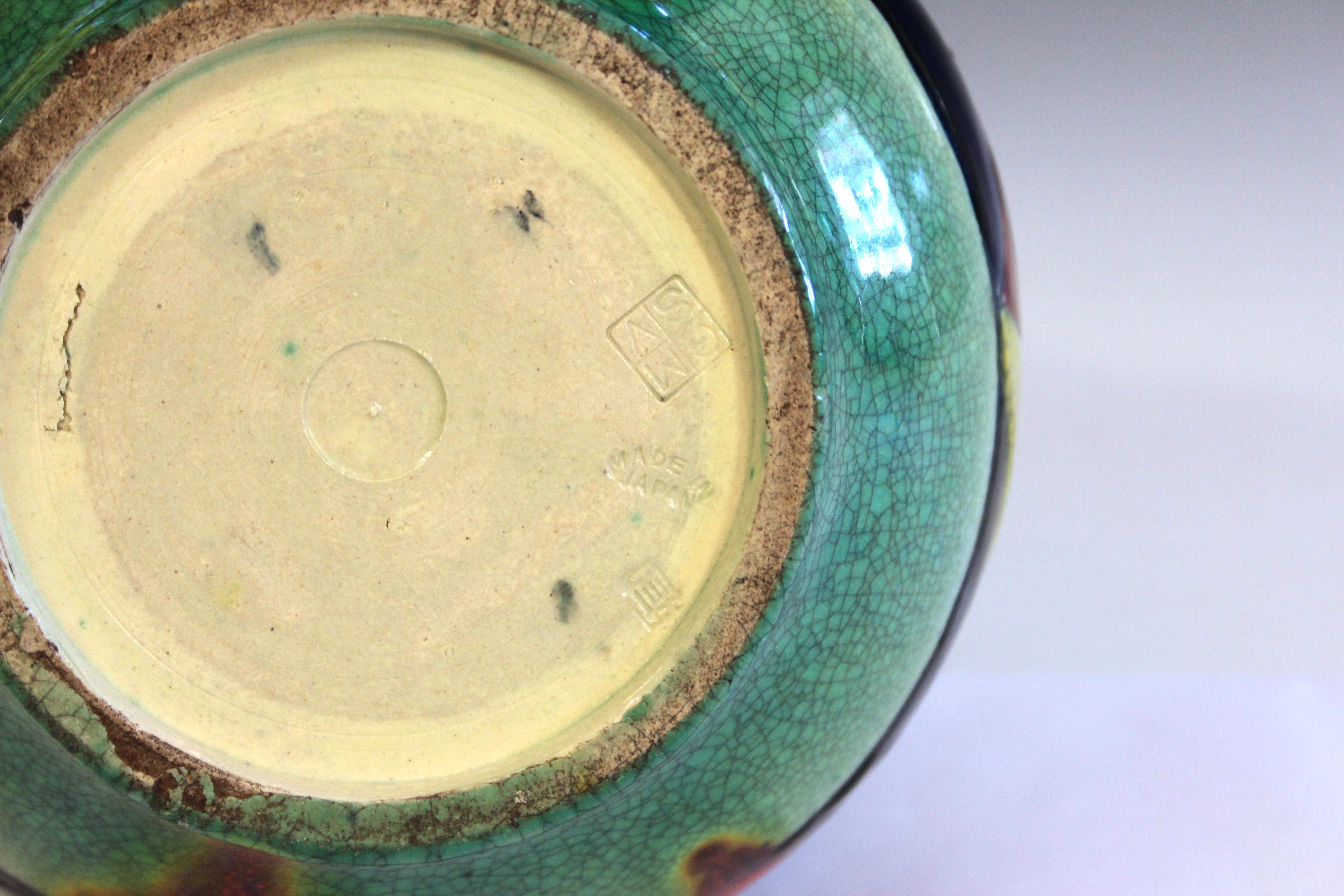 Metà XX secolo Vaso d'epoca Awaji Pottery Cubista Modernista Policromatico Firmato in vendita