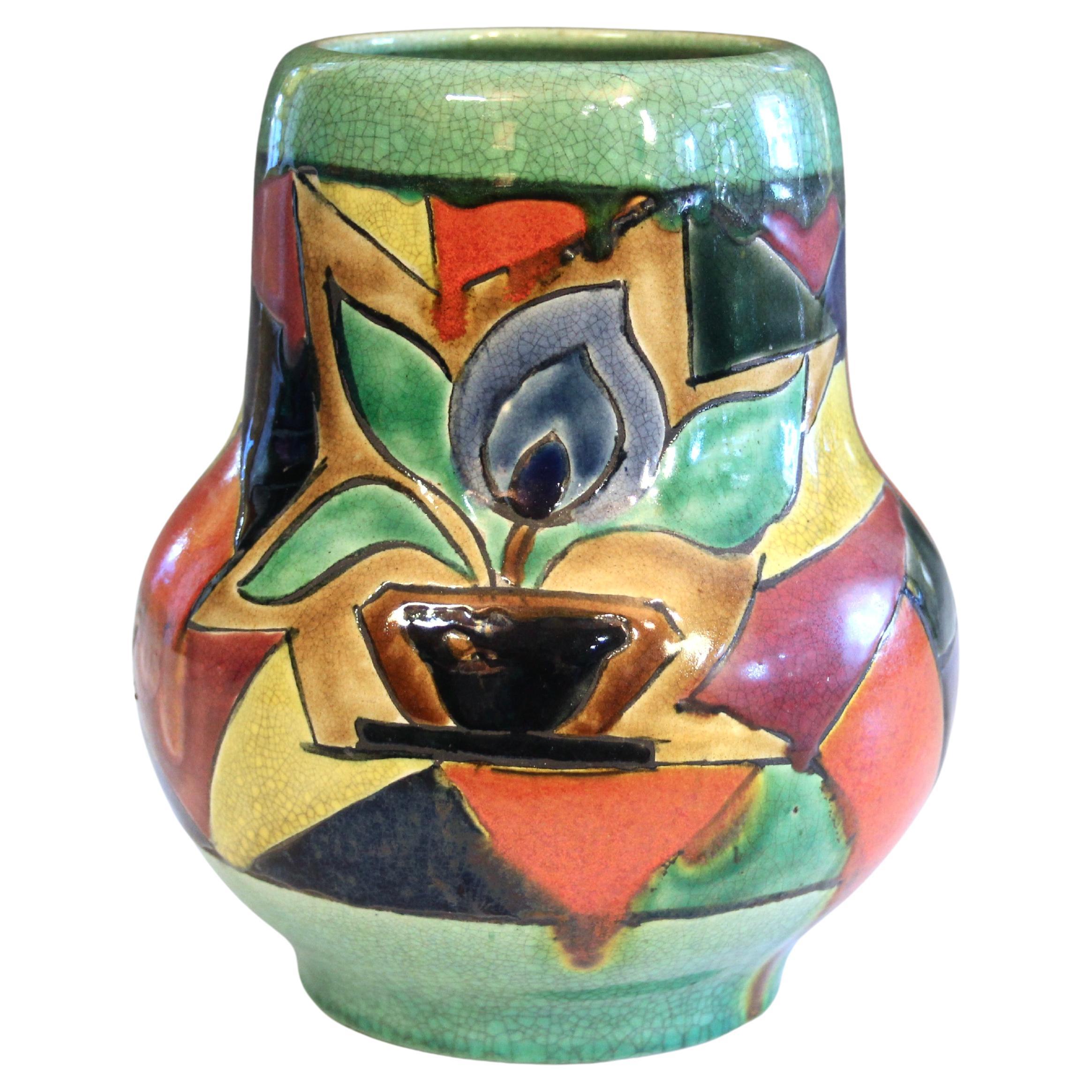 Vaso d'epoca Awaji Pottery Cubista Modernista Policromatico Firmato in vendita