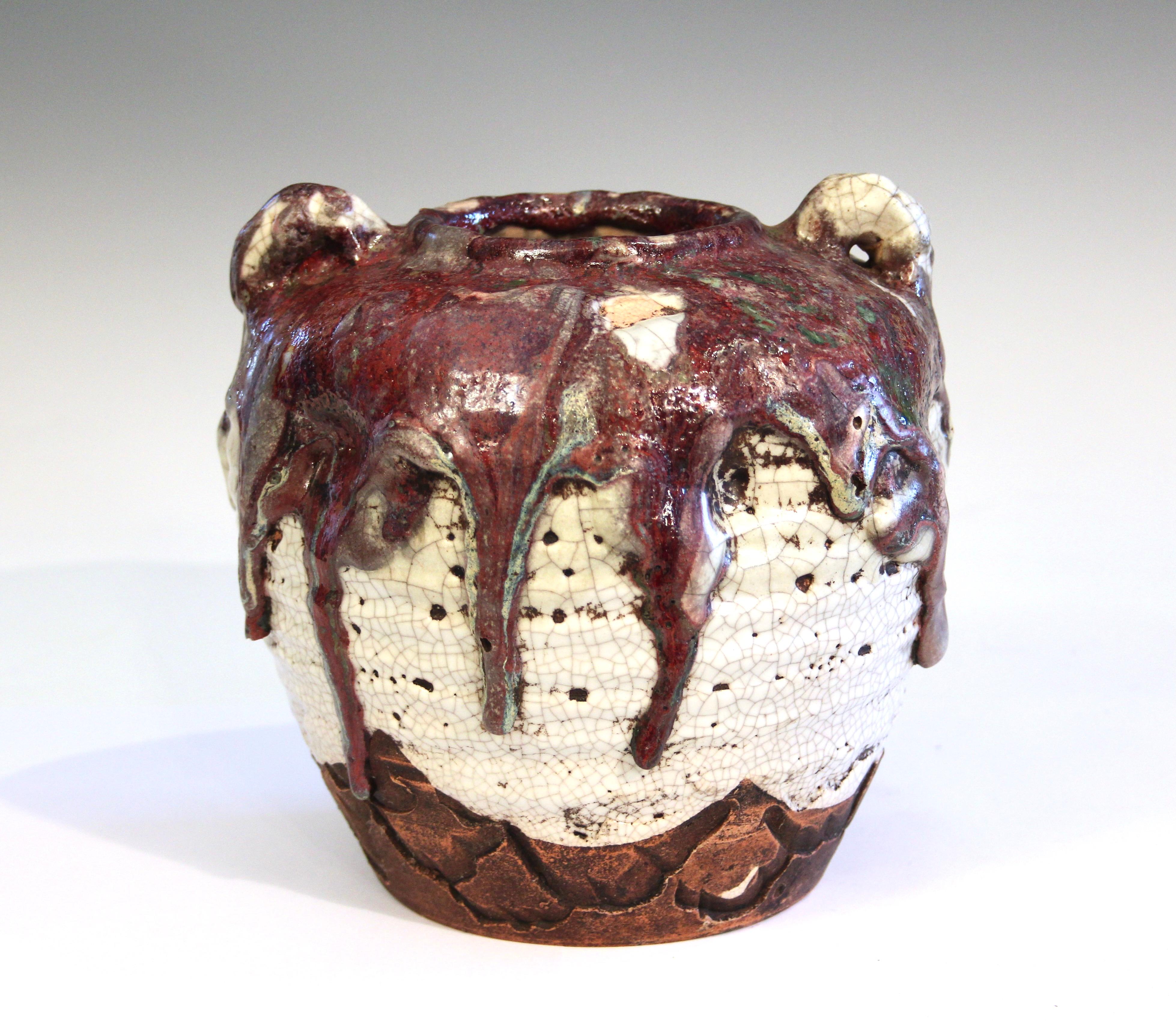 Vintage Awaji pottery tortured and manipulated vase with two little ears at the shoulder and great suspended drips on an off white crackle glaze ground, circa 1930. 7 1/2