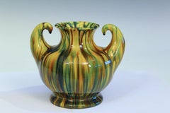 Vintage Awaji Pottery Muscle Vase Art Deco Yellow Flambe