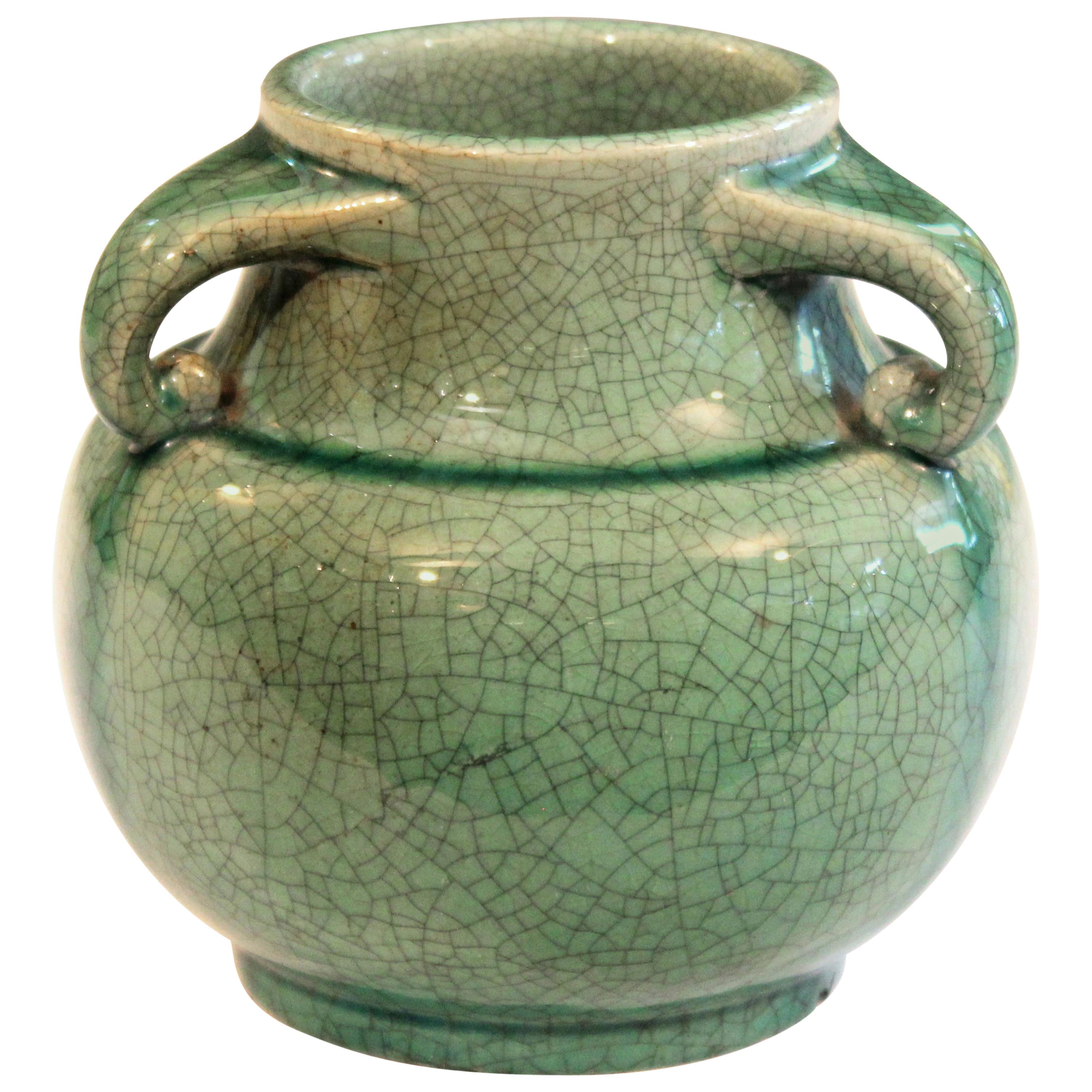 Vintage Awaji Pottery Studio Japanese Art Deco Green Crackle Vase Signed
