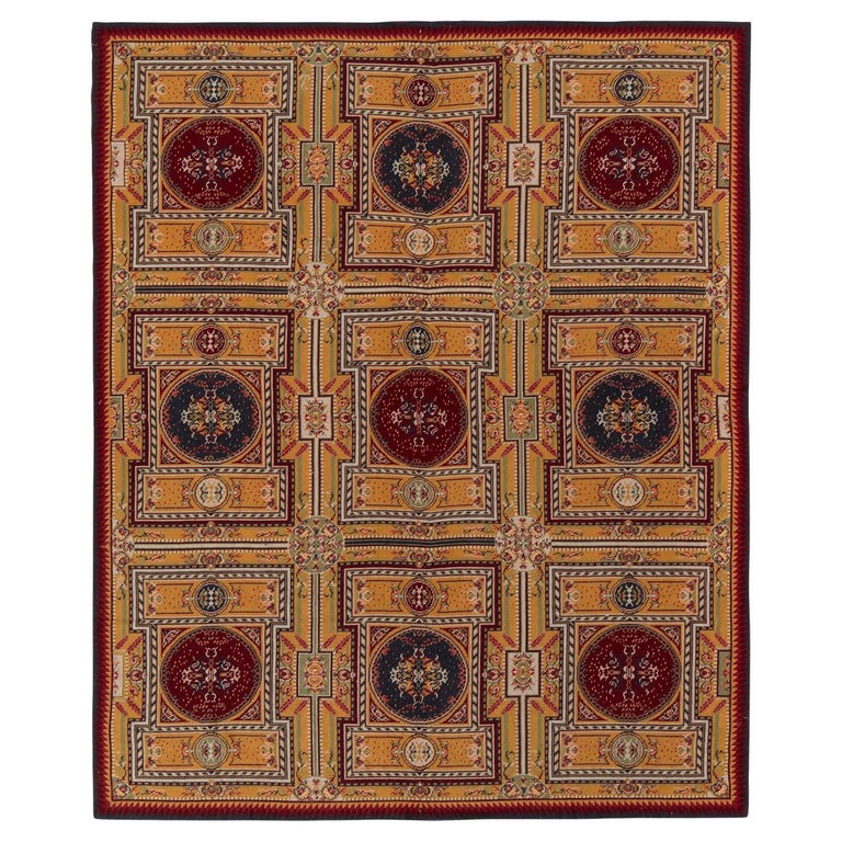 Vintage Needlepoint Rug, Yellow and Red Geometric Pattern by Rug and