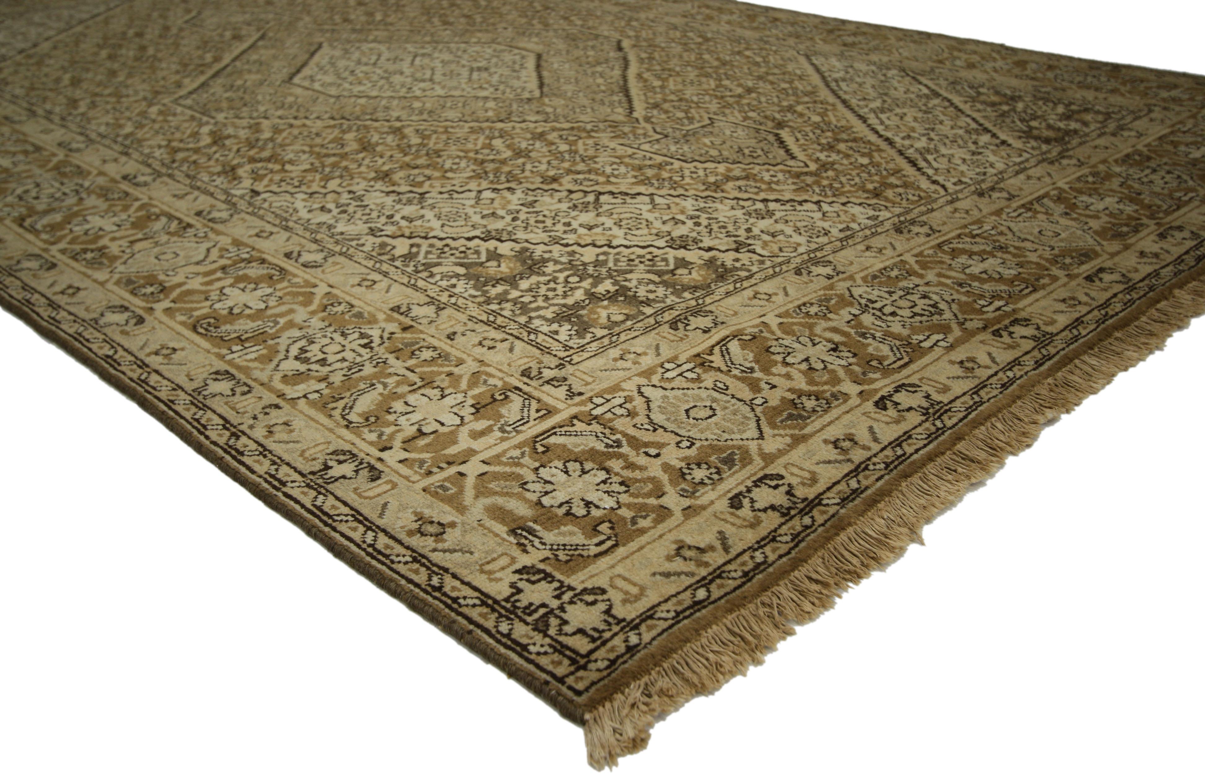 76145, vintage Azerbaijan Persian rug with mahi fish design, neutral color area rug. This hand knotted wool vintage Azerbaijan Persian rug features a large stepped concentric hexagonal medallion with detached anchor pendants centred on an abrashed