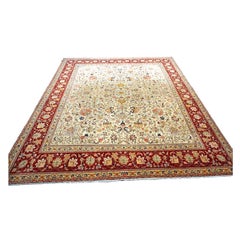 Alfombra de lana tabriz azerbaiyana vintage 9x11 marfil y roja hecha a mano