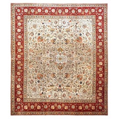 Alfombra de lana tabriz azerbaiyana vintage 9x11 marfil y roja hecha a mano