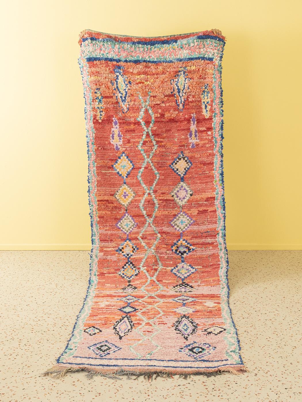 This Azilal is a vintage wool rug with some recycled textile parts – thick and soft, comfortable underfoot. Our Berber rugs are handmade, one knot at a time. Each of our Berber rugs is a long-lasting one-of-a-kind piece, created in a sustainable