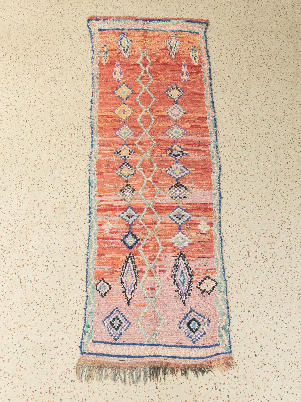 Hand-Crafted Vintage Azilal Moroccan Berber Rug HightAtlas Mountains apricot rosé blue Runner For Sale
