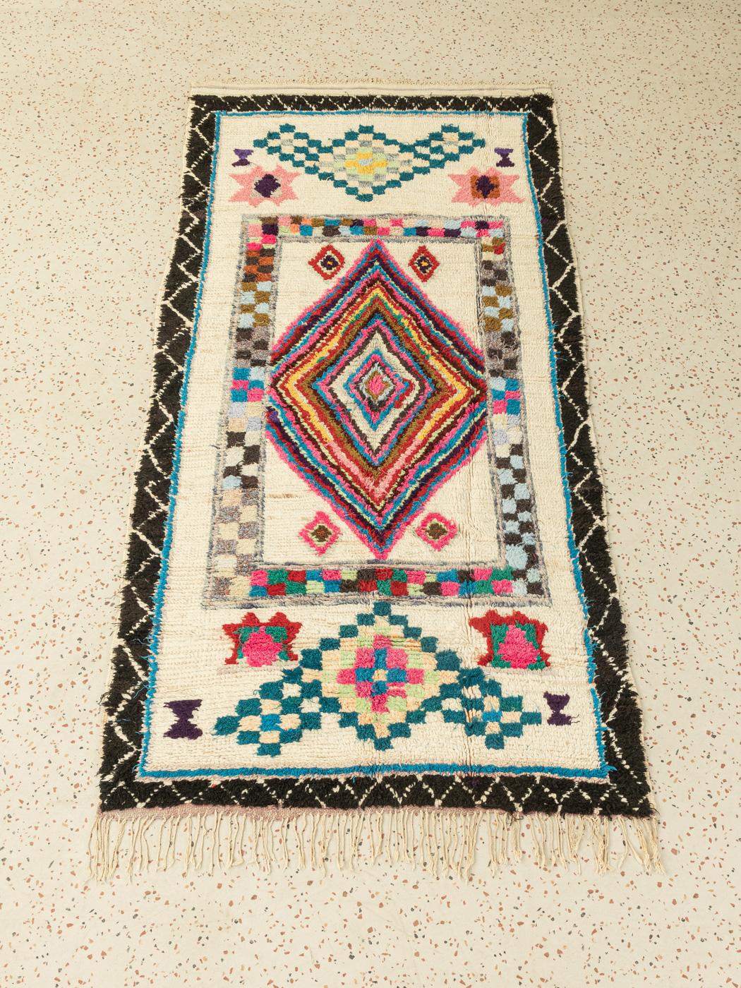 Hand-Crafted Vintage Azilal Moroccan Berber Rug High Atlas Mountains colorful pattern For Sale