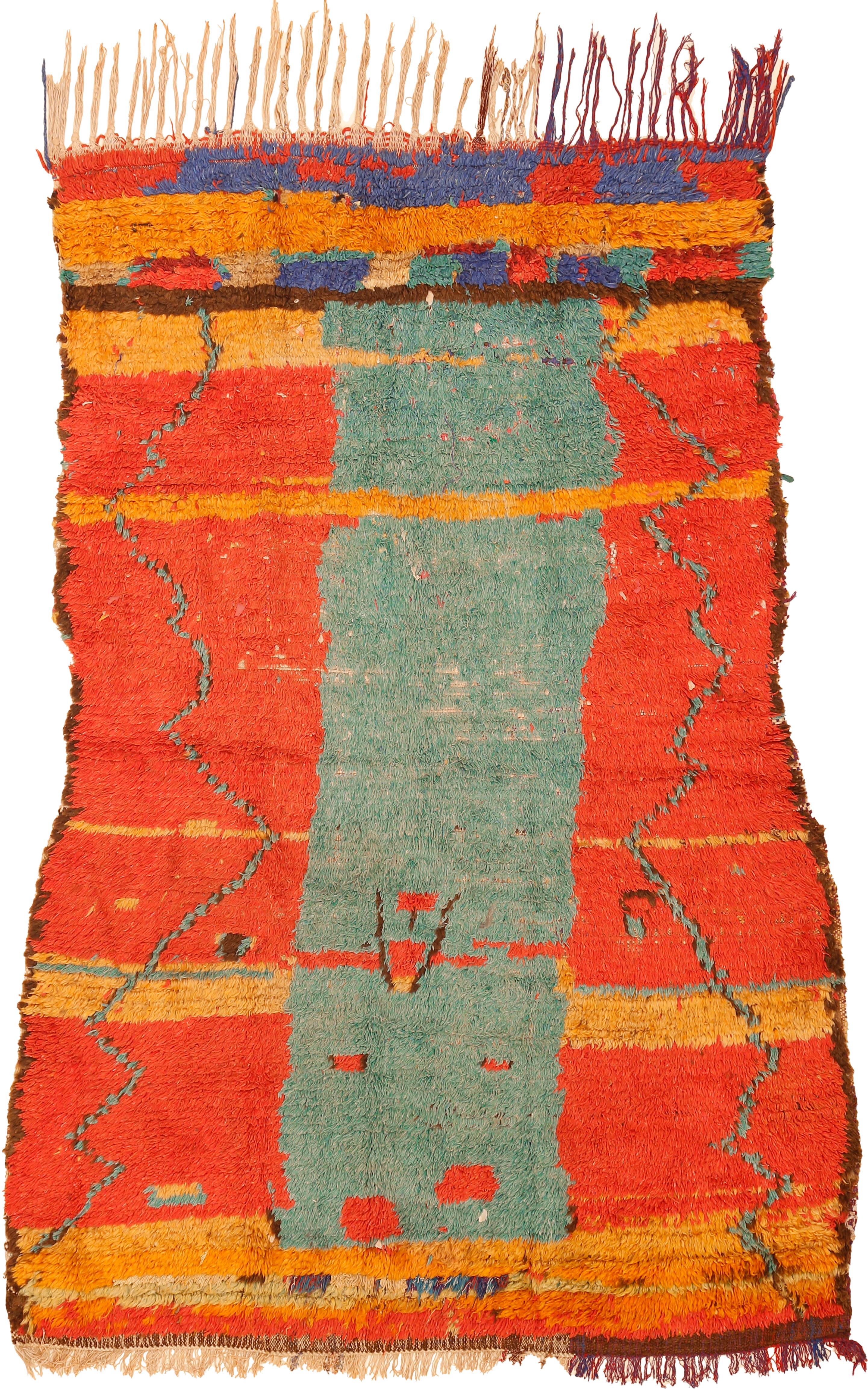 Vintage Azilal Moroccan Berber Rug with a Green Monolith on an Orange Background For Sale 2