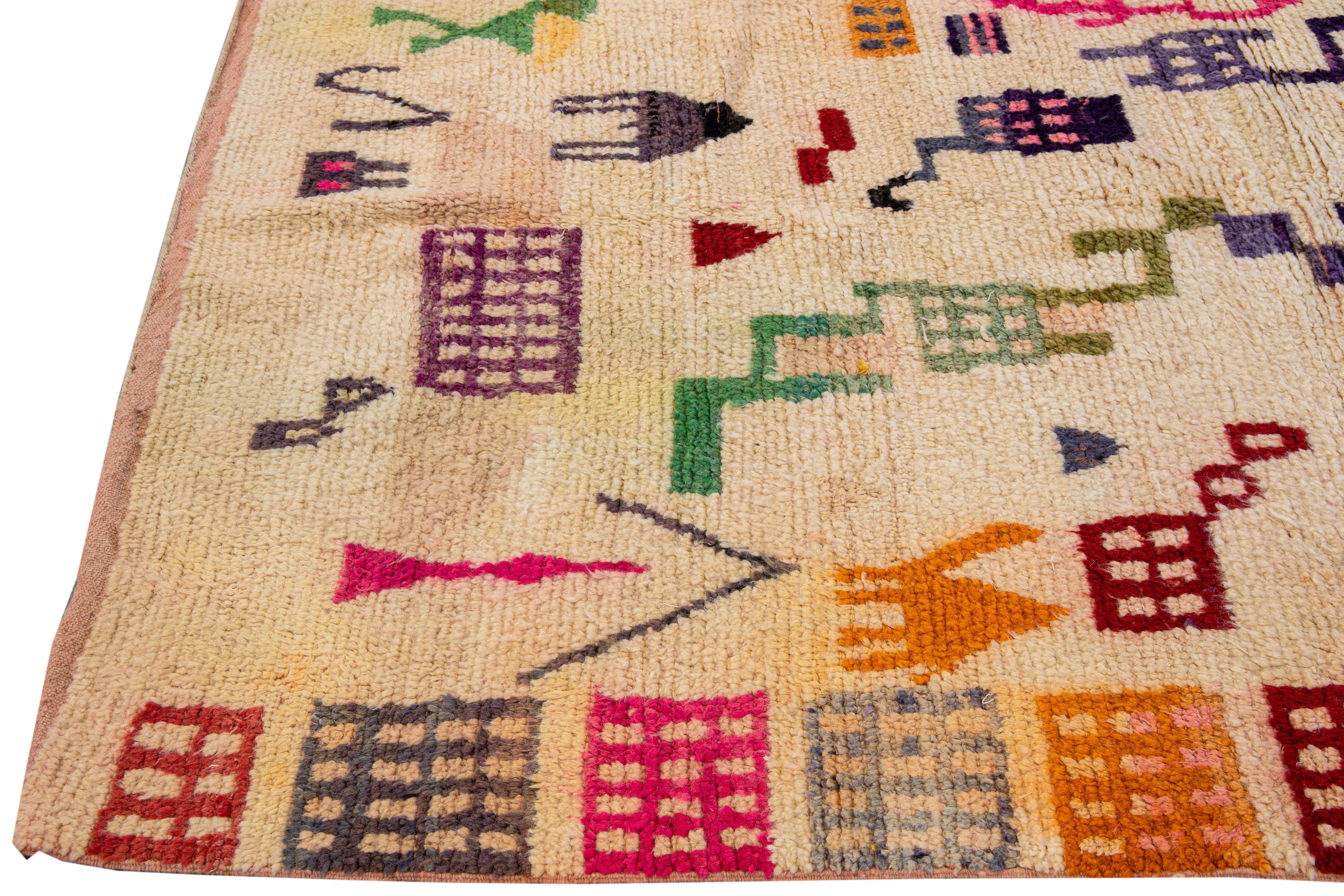 Vintage Azilal Moroccan Handmade Beige Wool Rug For Sale 3