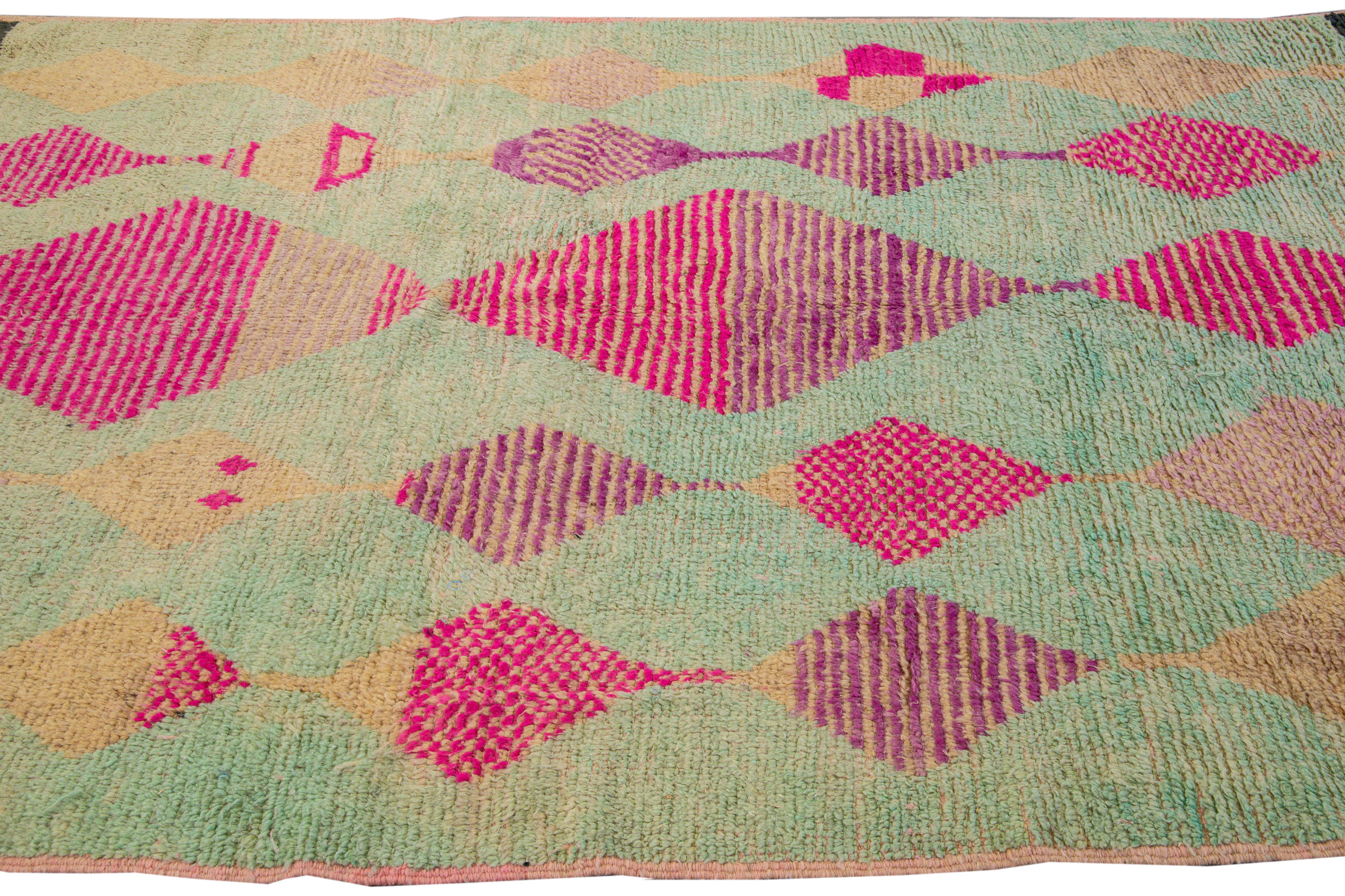 Mid-Century Modern Vintage Azilal Moroccan Handmade Pink Geometric Diamond Pattern Green Wool Rug For Sale