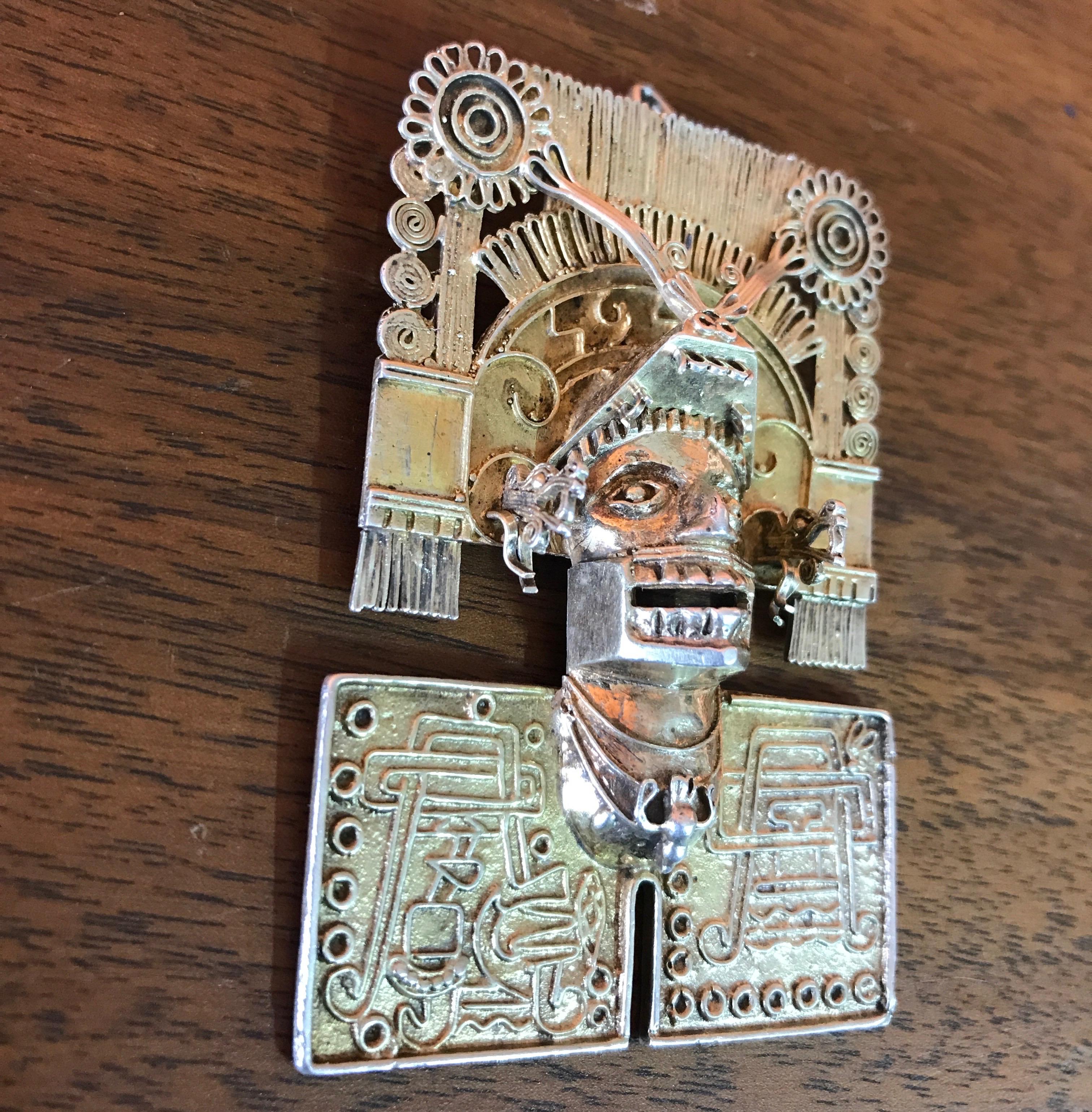 Vintage Aztec god of death Miclantecuhtli inspired pendant/brooch in sterling silver.
Marked: FV México, Sterling 925.