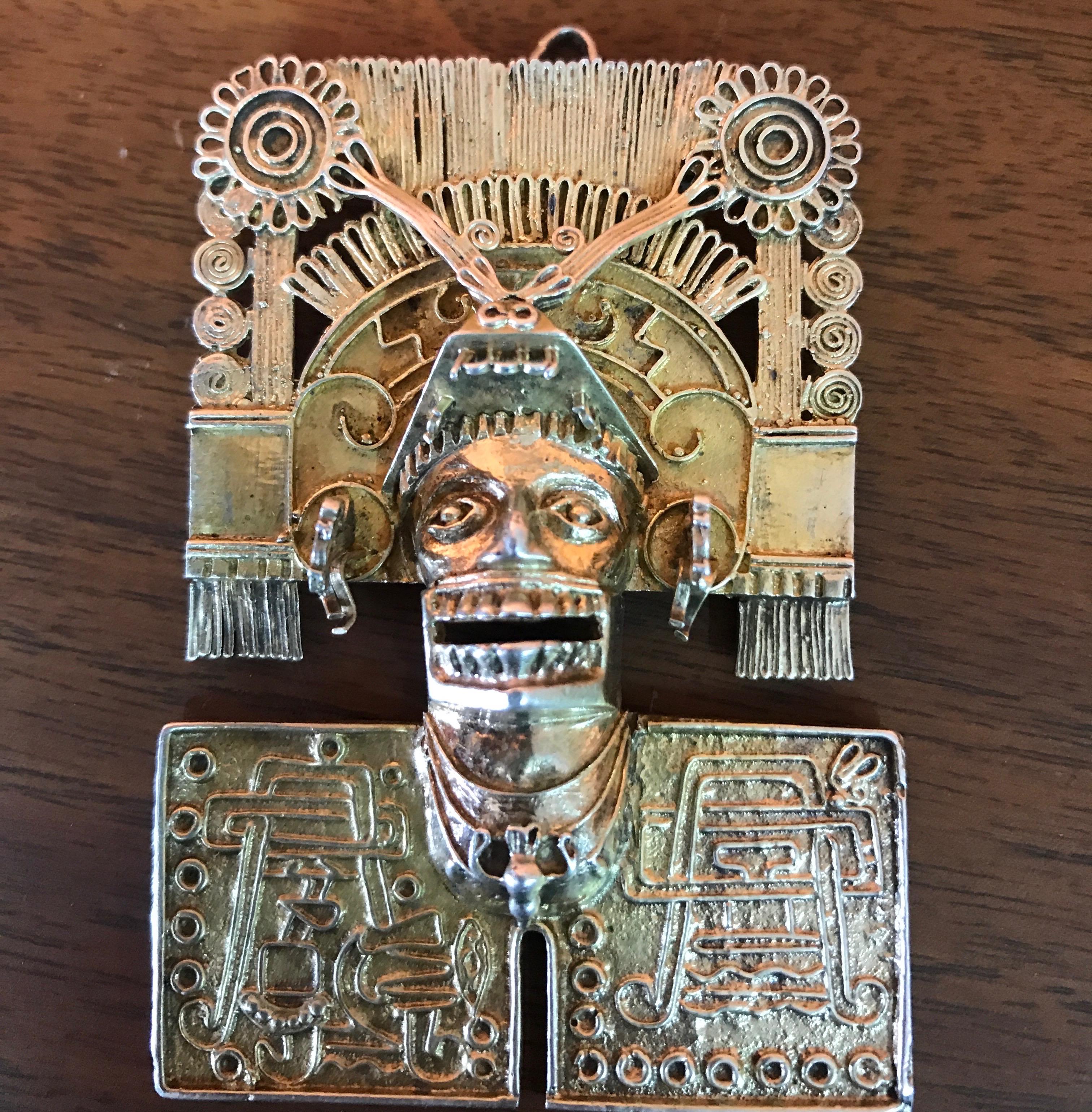 Azteken inspirierte Sterlingsilber-Brosche/Anhänger, Mexiko, 1960er Jahre (Moderne der Mitte des Jahrhunderts) im Angebot