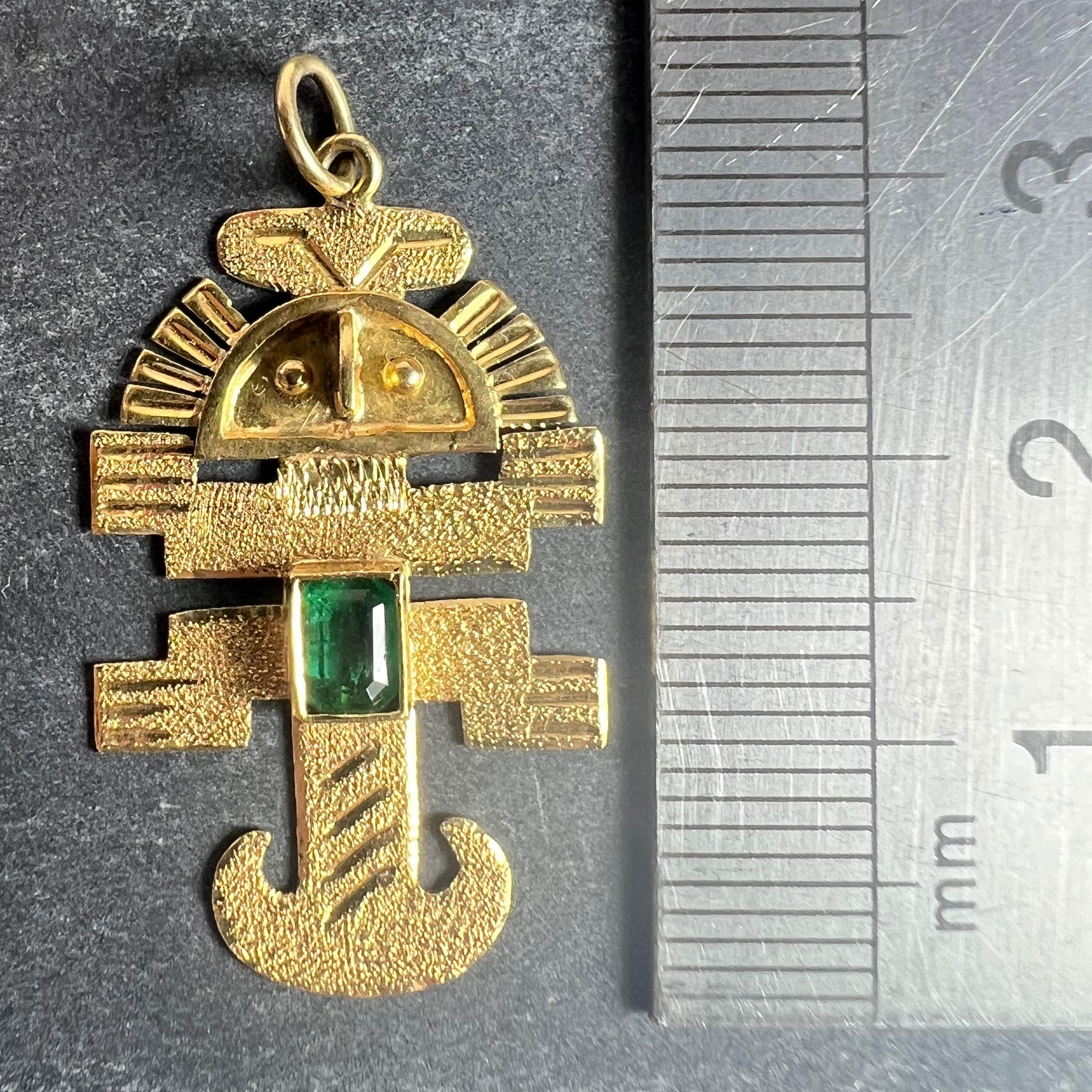 Vintage Aztec Inca God Icon 18K Yellow Gold Emerald Charm Pendant For Sale 5