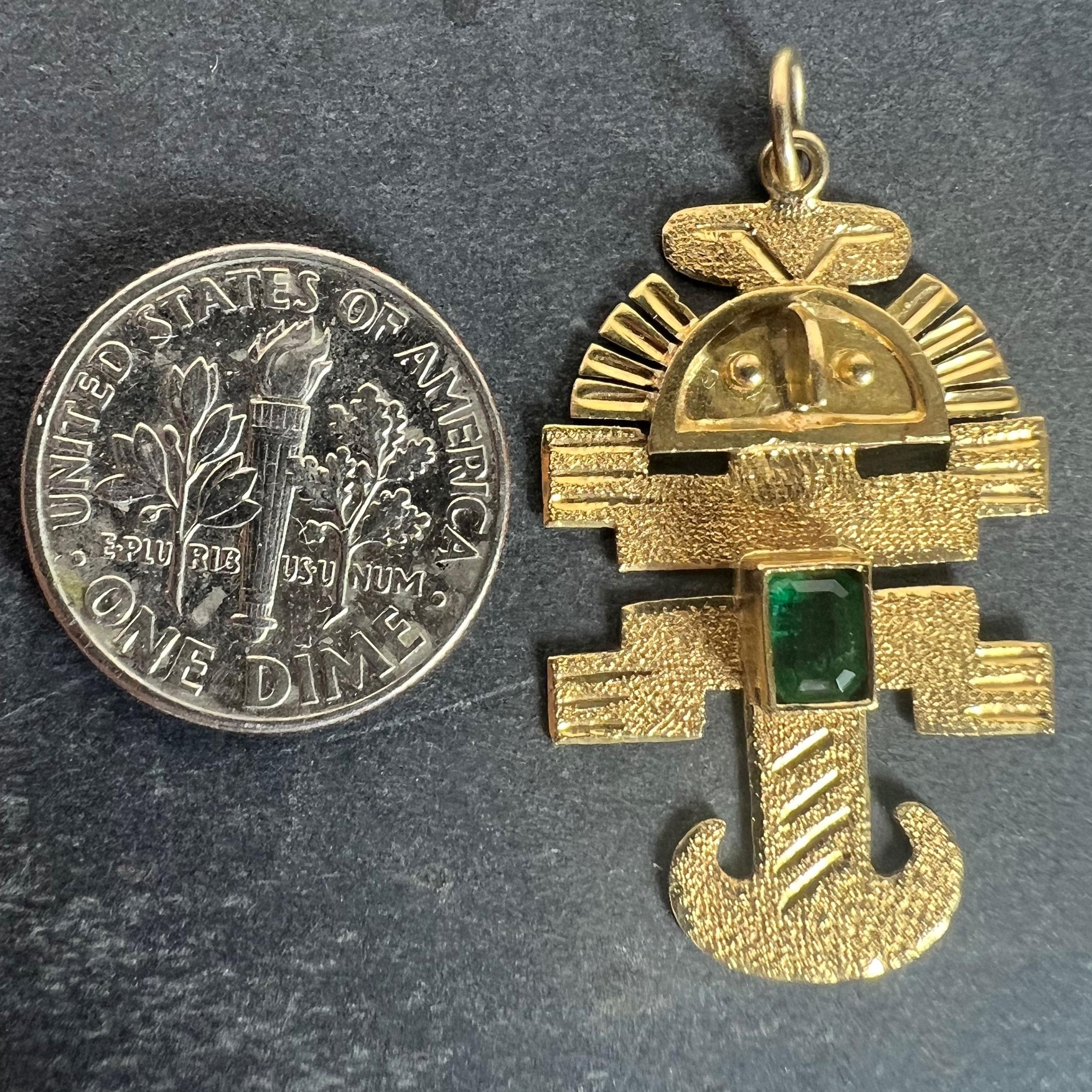 Vintage Aztec Inca God Icon 18K Yellow Gold Emerald Charm Pendant For Sale 6