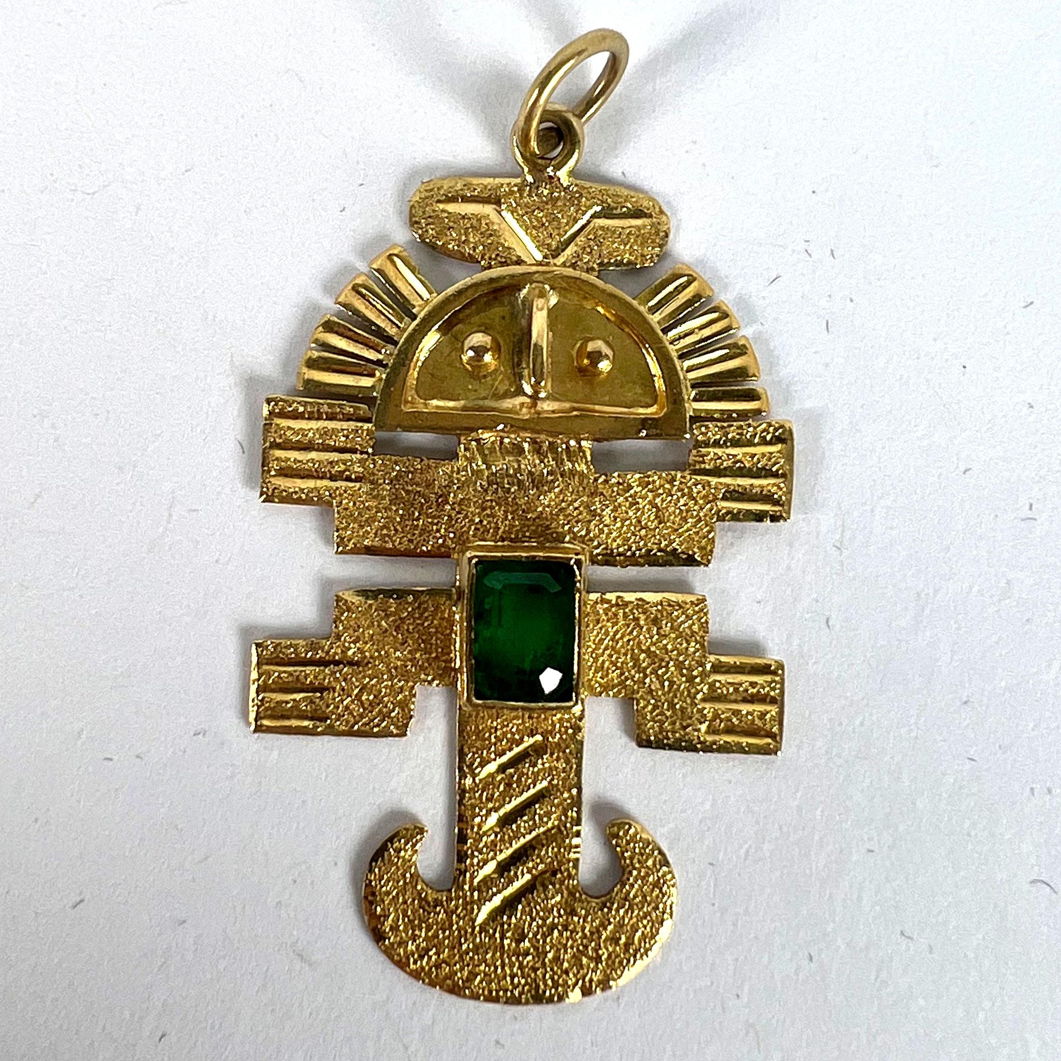 Vintage Aztec Inca God Icon 18K Yellow Gold Emerald Charm Pendant For Sale 7